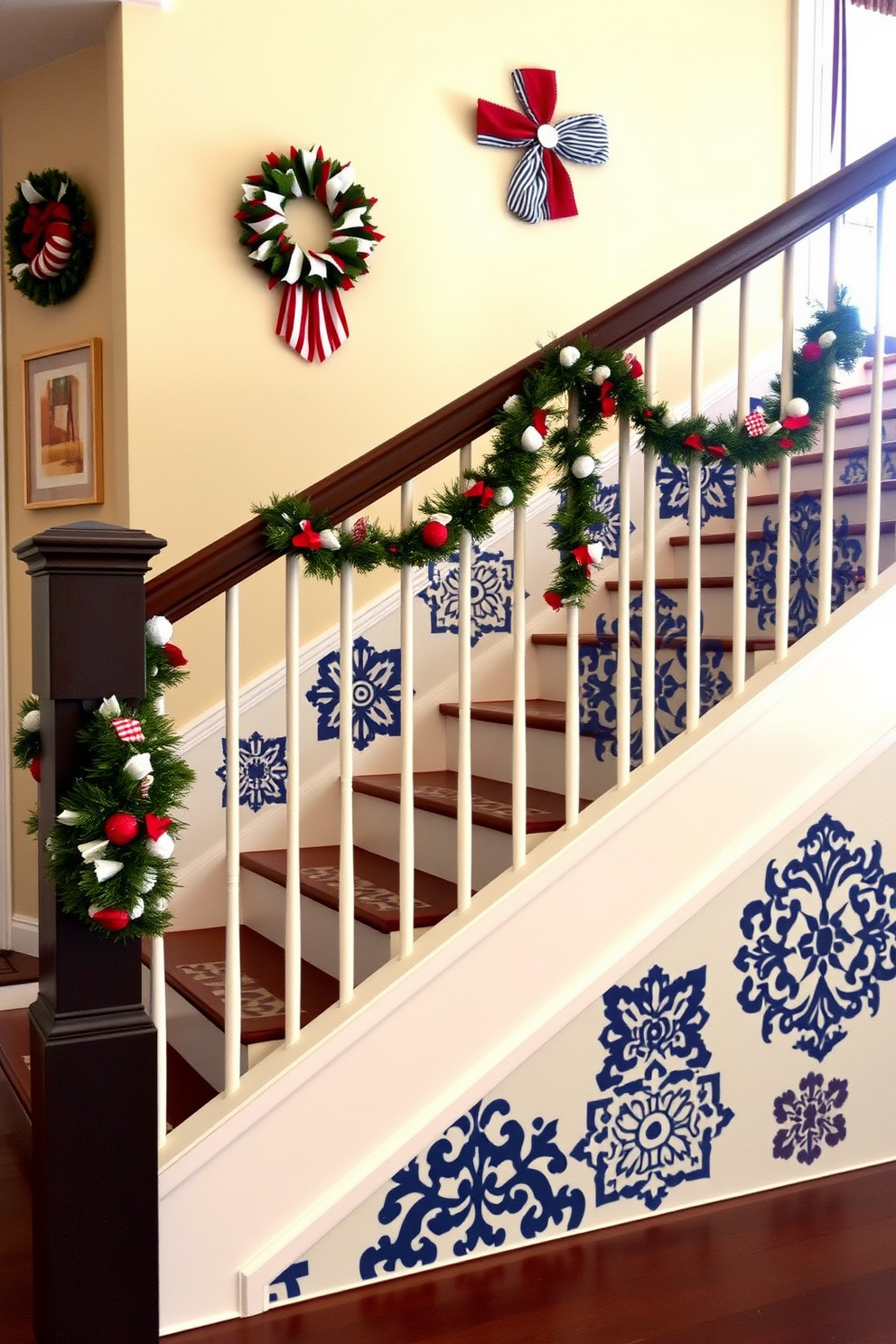 A stunning staircase adorned with intricate stencils showcasing artistic designs. The steps are painted in a soft cream color, while the stencils feature a bold geometric pattern in navy blue, creating a striking contrast. On the wall adjacent to the staircase, seasonal decorations celebrate Labor Day with red, white, and blue accents. Festive garlands drape elegantly along the banister, adding a touch of holiday cheer to the overall design.