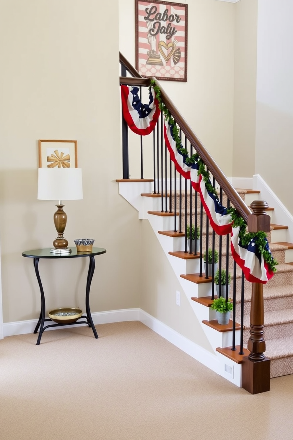 A charming entryway featuring a small console table against the wall. The table is adorned with a stylish lamp and a decorative bowl, creating an inviting atmosphere. The staircase is elegantly decorated with seasonal Labor Day accents. Red, white, and blue garlands drape along the railing, complemented by small potted plants on the steps.