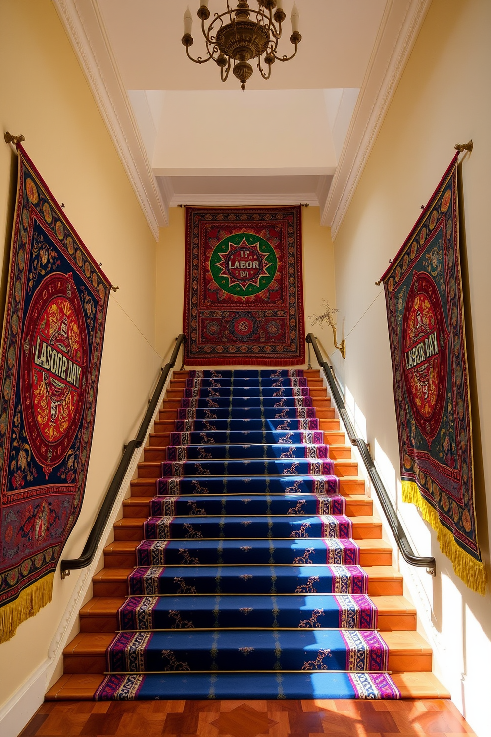 A grand staircase adorned with elegant decorative wall hangings that showcase vibrant colors and intricate patterns. The tapestries gracefully drape along the walls, creating a warm and inviting atmosphere while celebrating the spirit of Labor Day.