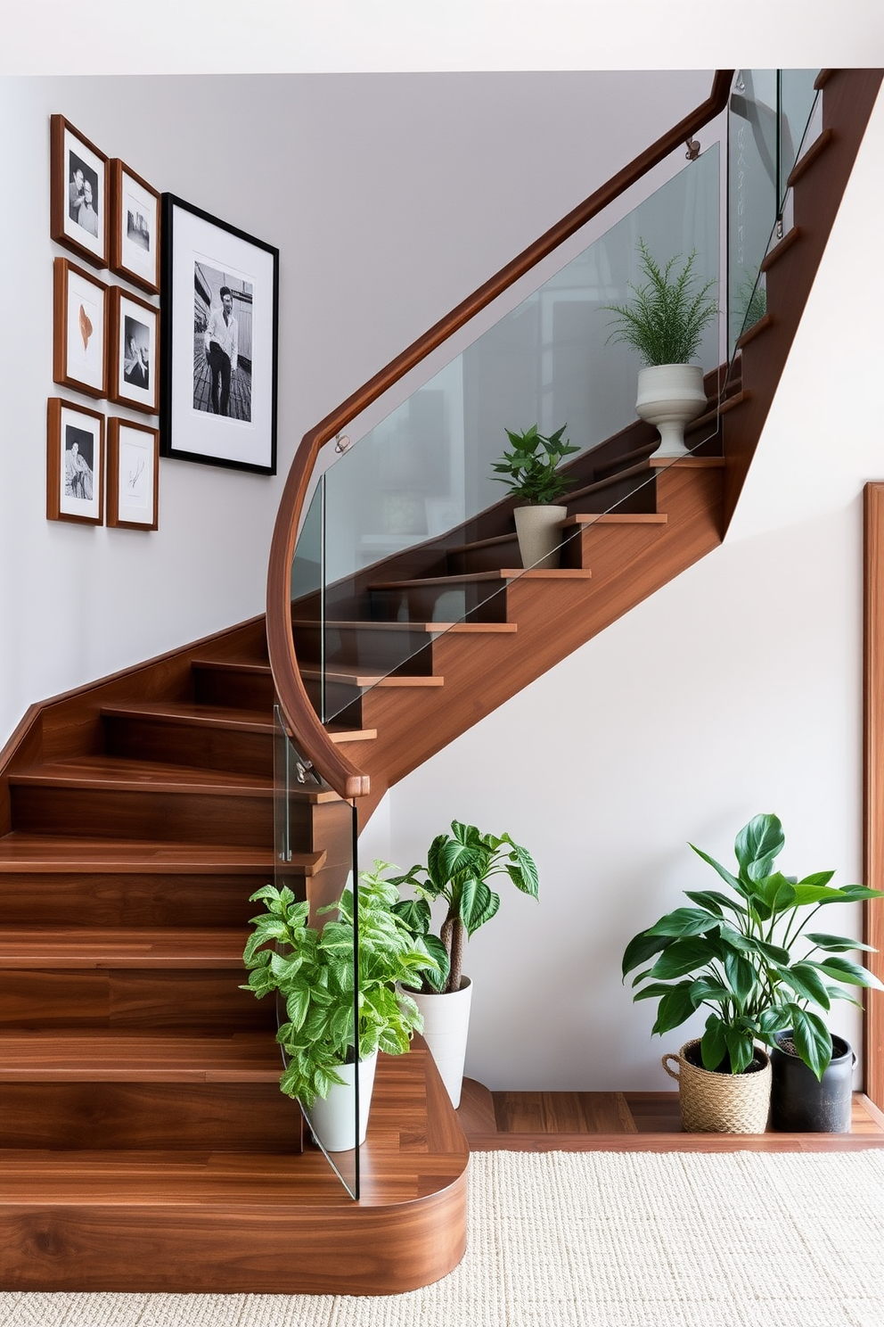 A stunning staircase adorned with a mix of textures and materials. The steps are crafted from rich walnut wood, complemented by a sleek glass railing that enhances the sense of openness. On the wall adjacent to the staircase, a gallery of framed artwork adds a personal touch, while a woven runner in soft hues creates warmth underfoot. Potted plants placed strategically along the staircase bring a touch of nature indoors, creating an inviting atmosphere.