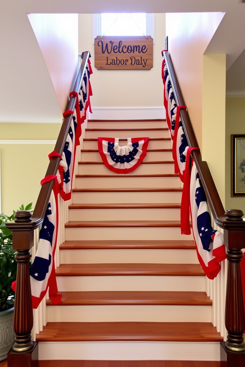 A warm and inviting staircase adorned for Labor Day celebrations. The staircase is draped with red, white, and blue bunting, and a personalized welcome sign hangs at the top, greeting guests with festive charm.