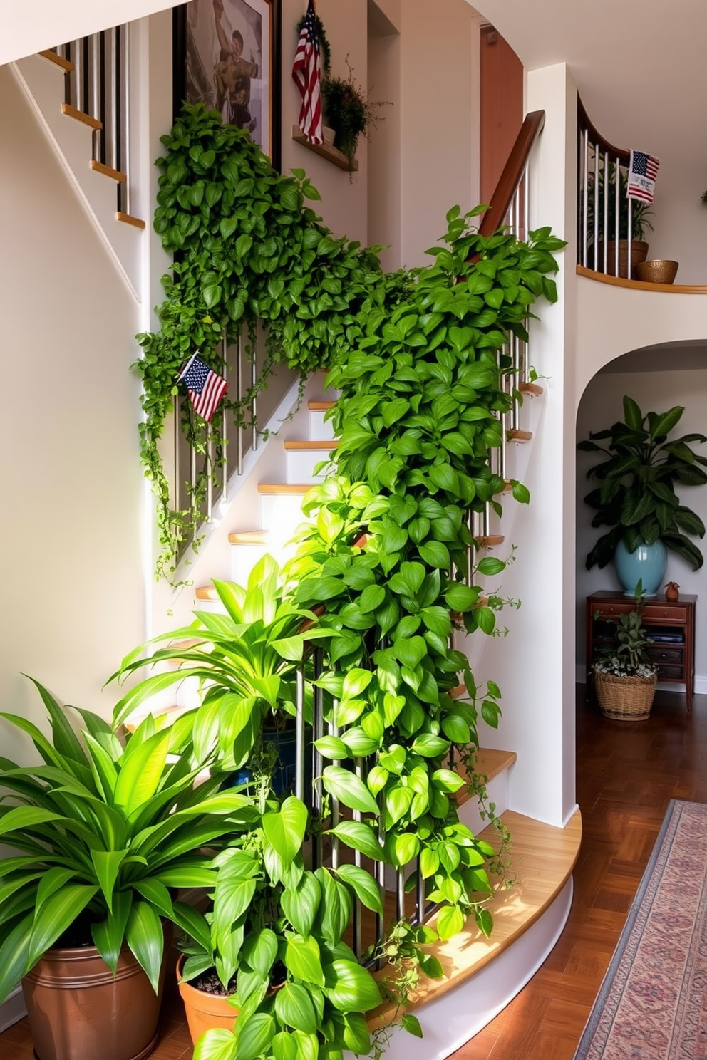 A stunning staircase adorned with a vibrant plant display. Lush green plants of varying heights cascade elegantly down the staircase, creating a lively focal point that invites warmth and nature into the space. The staircase railing is decorated with subtle accents of seasonal decor, incorporating red, white, and blue elements to celebrate Labor Day. Soft lighting illuminates the plants and decorations, enhancing the inviting atmosphere of the home.