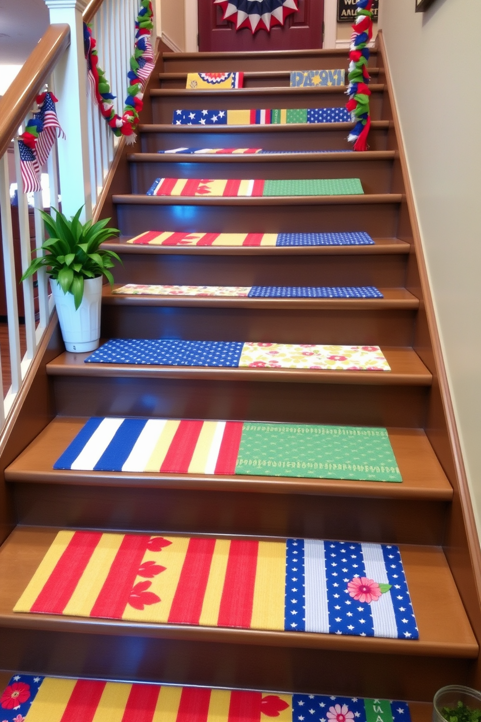 Colorful stair treads are installed on each step of the staircase, adding a vibrant pop of color while ensuring safety. The treads feature a variety of patterns, including stripes and floral designs, complementing the surrounding decor. The staircase is adorned with seasonal decorations for Labor Day, such as small American flags and festive banners. Soft lighting highlights the cheerful atmosphere, creating an inviting entryway for guests.