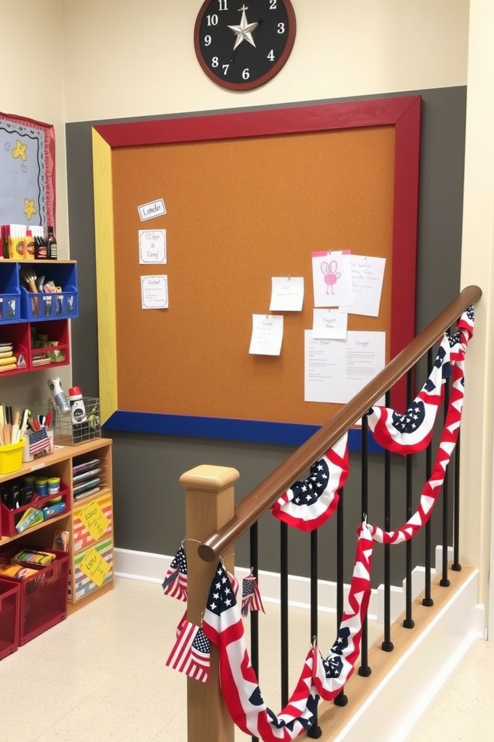 Create a vibrant children's art display area featuring a large corkboard framed in colorful wood. The space is filled with various art supplies like crayons, markers, and paper, encouraging creativity and expression. Design a festive Labor Day staircase decorated with red, white, and blue garlands. Add small American flags and themed banners along the railing to create a cheerful and patriotic atmosphere.