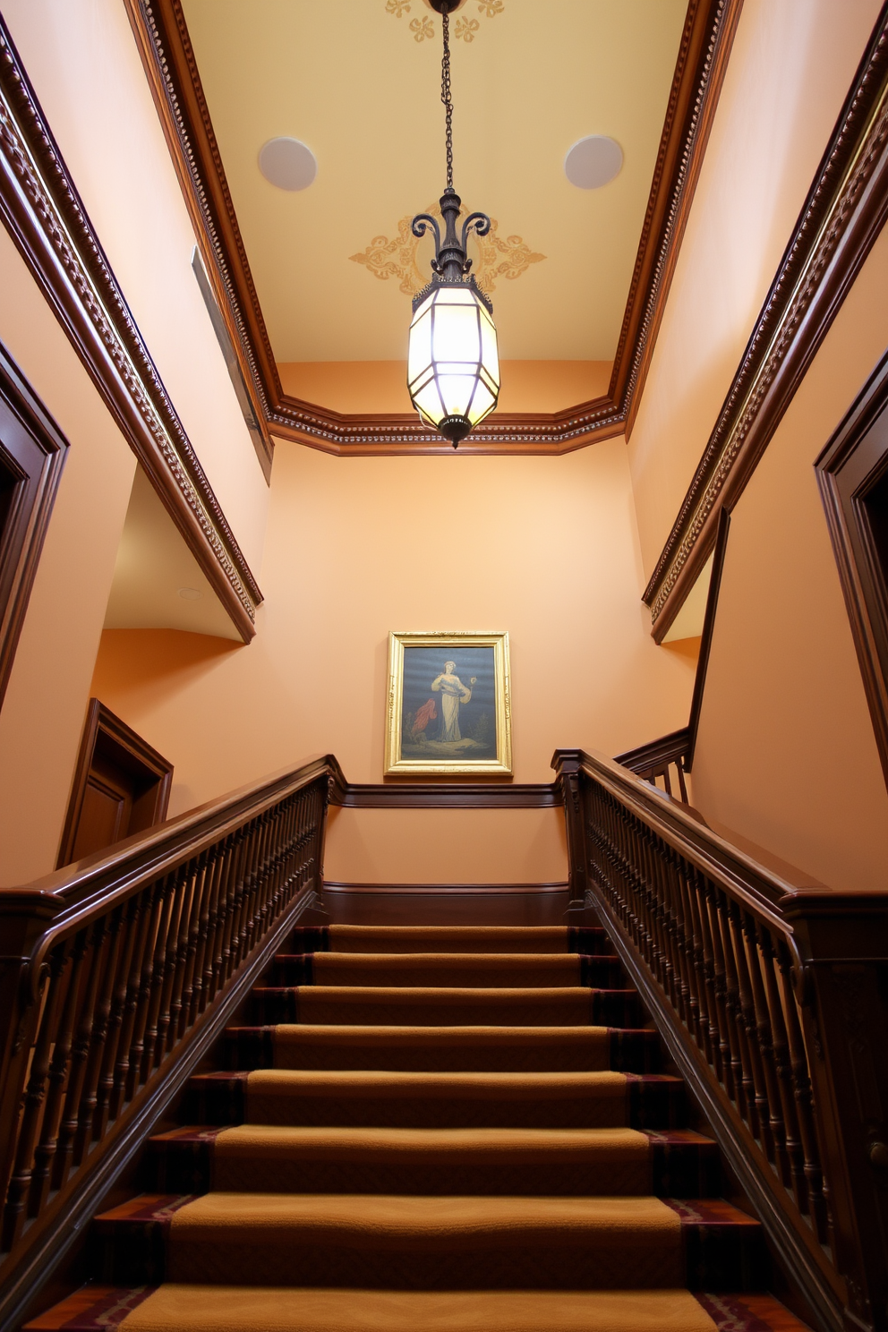 A grand staircase adorned with intricate decorative molding along the edges creates a sense of elegance. The staircase features a rich wooden banister that complements the warm tones of the surrounding walls. The steps are covered with a plush runner that adds comfort and style. Elegant lighting fixtures hang overhead, casting a soft glow that highlights the decorative details.