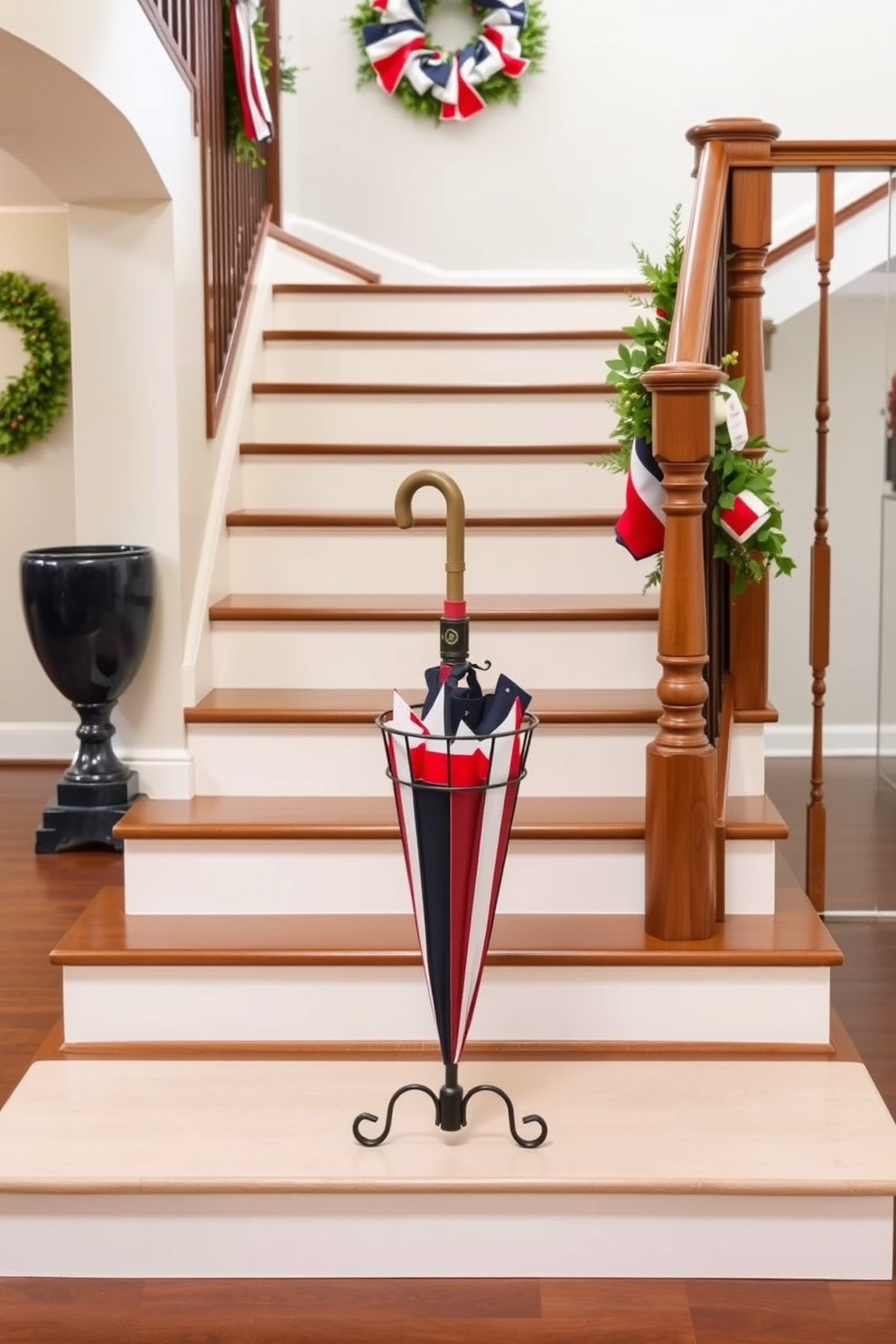 A stylish umbrella stand is positioned at the base of the Labor Day staircase. The staircase features elegant wooden railings and is adorned with seasonal decorations, including red, white, and blue accents.