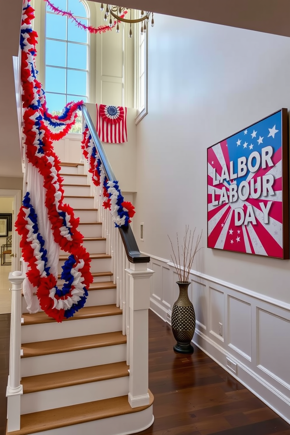 A stunning staircase adorned for Labor Day celebrations. The staircase is decorated with vibrant red, white, and blue garlands, and a large statement art piece featuring a patriotic theme hangs prominently on the wall beside it.