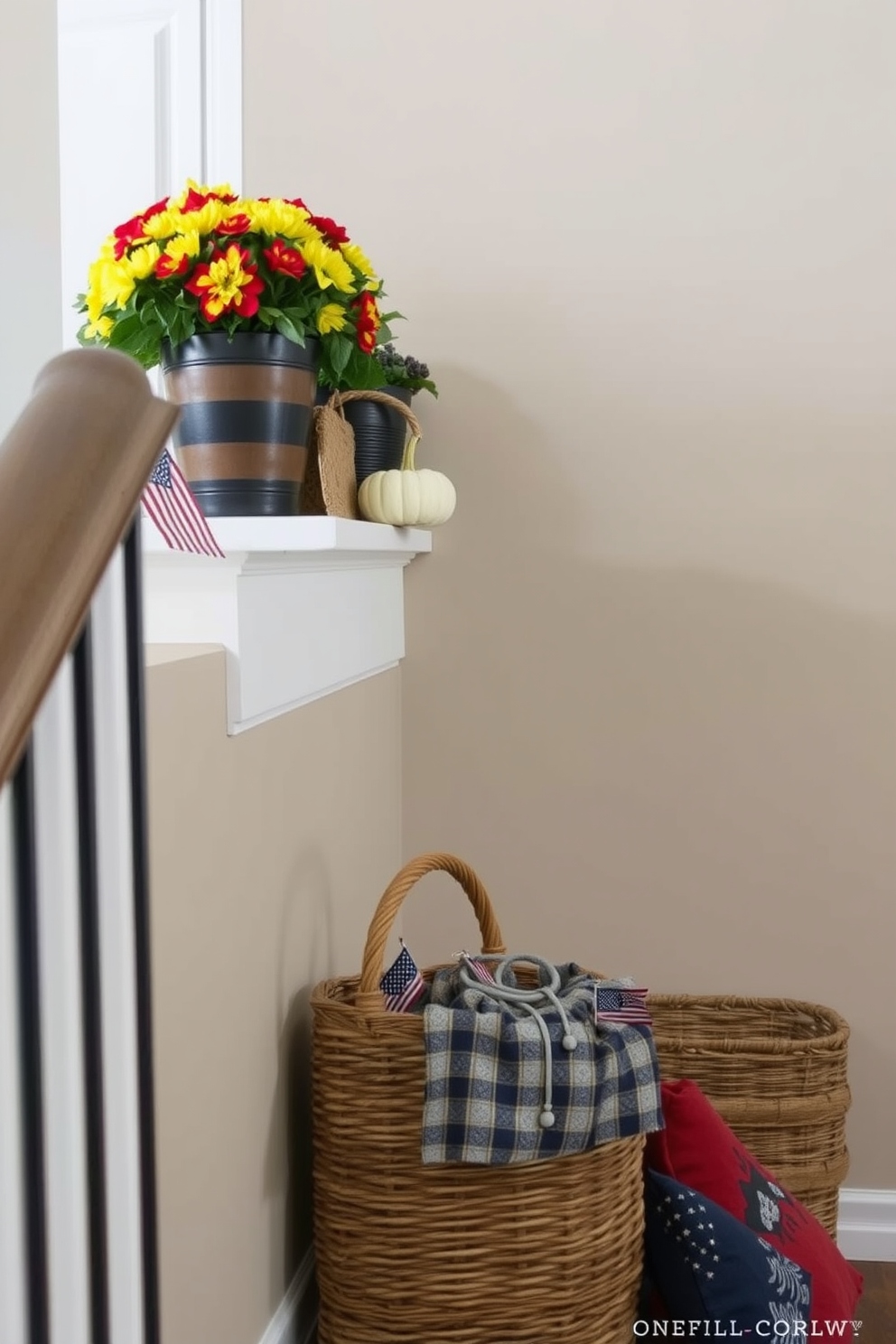 Display seasonal decor on ledges with vibrant colors and textures that reflect the spirit of Labor Day. Incorporate elements like small flags, rustic pumpkins, and woven baskets to create a warm and inviting atmosphere along the staircase.