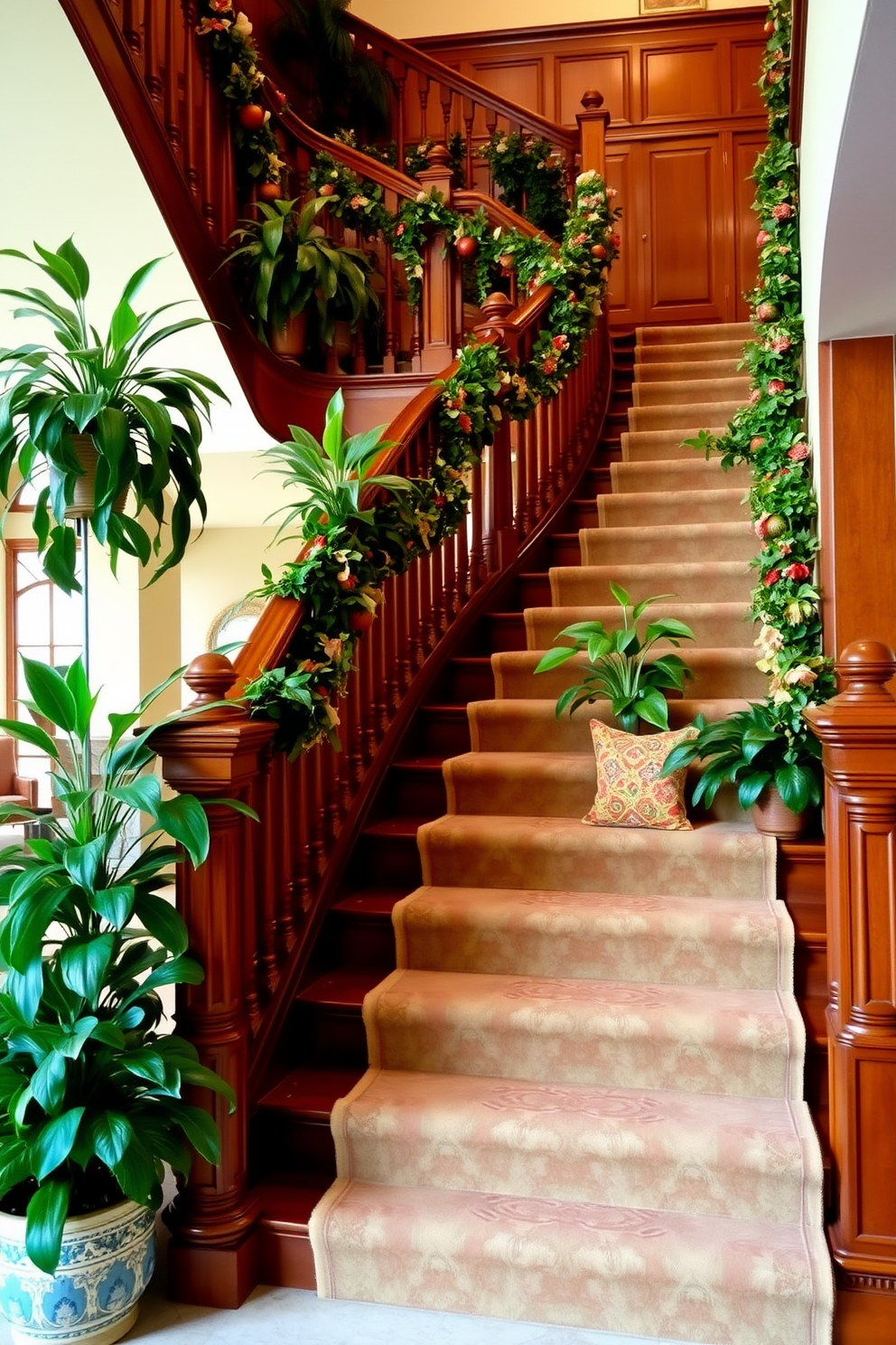 A grand staircase adorned with lush potted plants at each landing creates a vibrant and inviting atmosphere. The rich wood of the staircase contrasts beautifully with the greenery, enhancing the elegance of the space. Decorate the staircase railing with subtle garlands of seasonal foliage and small lanterns for a warm touch. Incorporating decorative elements like colorful cushions on the steps adds charm and comfort to the overall design.