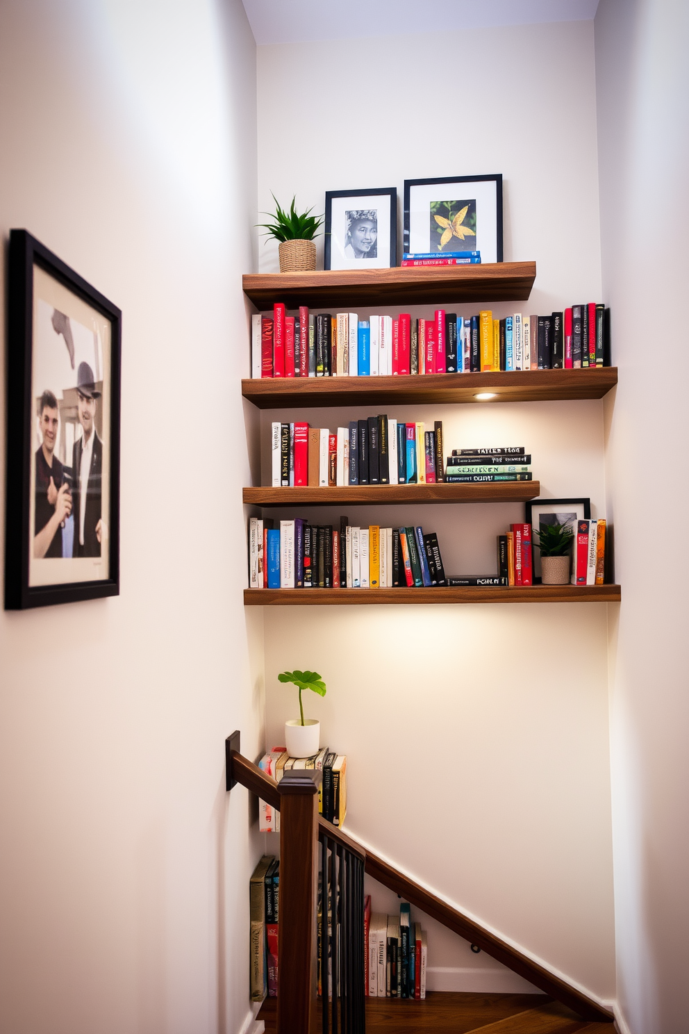 A stylish staircase adorned with floating shelves that hold an array of colorful books. The shelves are made of reclaimed wood and are positioned at varying heights to create visual interest along the staircase wall. Decorative elements like potted plants and framed artwork are placed on the shelves to enhance the aesthetic. Soft lighting illuminates the staircase, highlighting the books and creating a warm, inviting atmosphere.