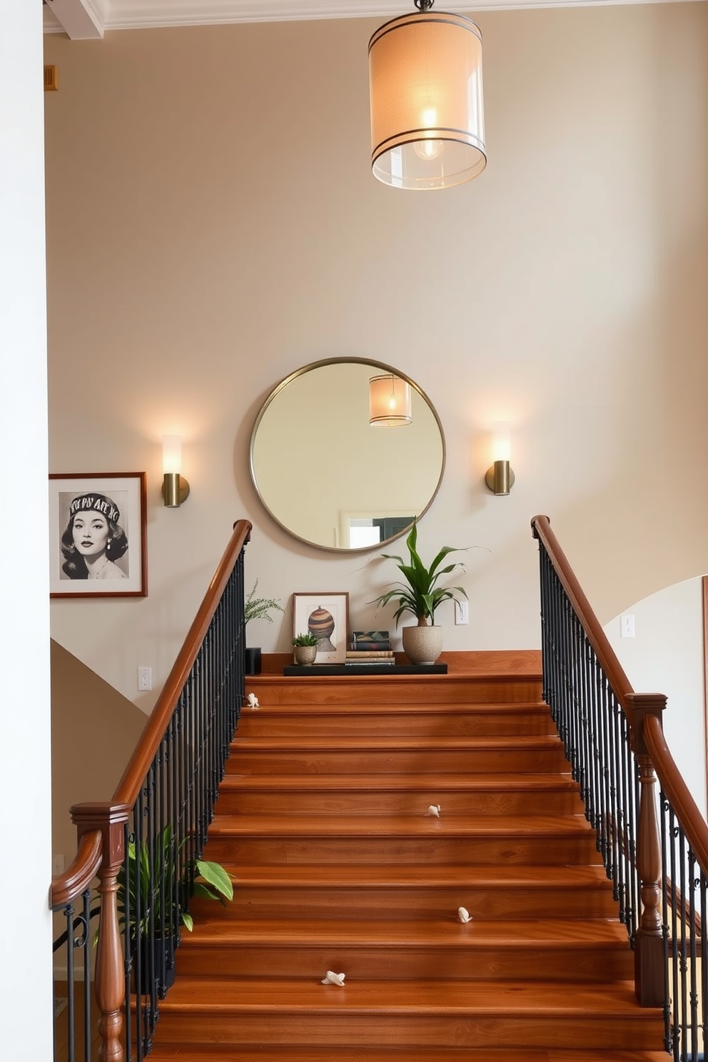 A beautifully designed staircase featuring elegant wooden steps and a stylish railing. A large round mirror is hung on the wall at the landing to reflect light and enhance the space. The staircase is adorned with tasteful artwork and decorative plants on each step. Soft lighting fixtures are strategically placed to create a warm and inviting atmosphere.