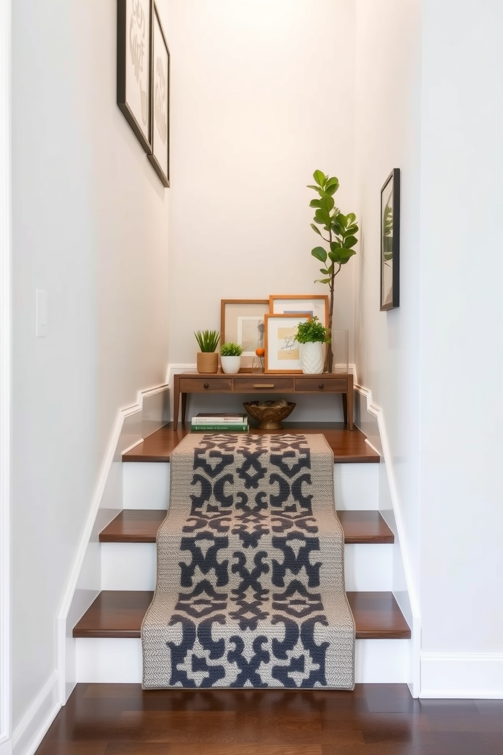 A stylish runner is placed along the staircase, adding texture and warmth to the space. The runner features a bold pattern that complements the surrounding decor and enhances the overall aesthetic. Decorative elements such as small potted plants and framed art are strategically arranged on the staircase landing. Soft lighting illuminates the area, creating an inviting atmosphere perfect for Labor Day celebrations.