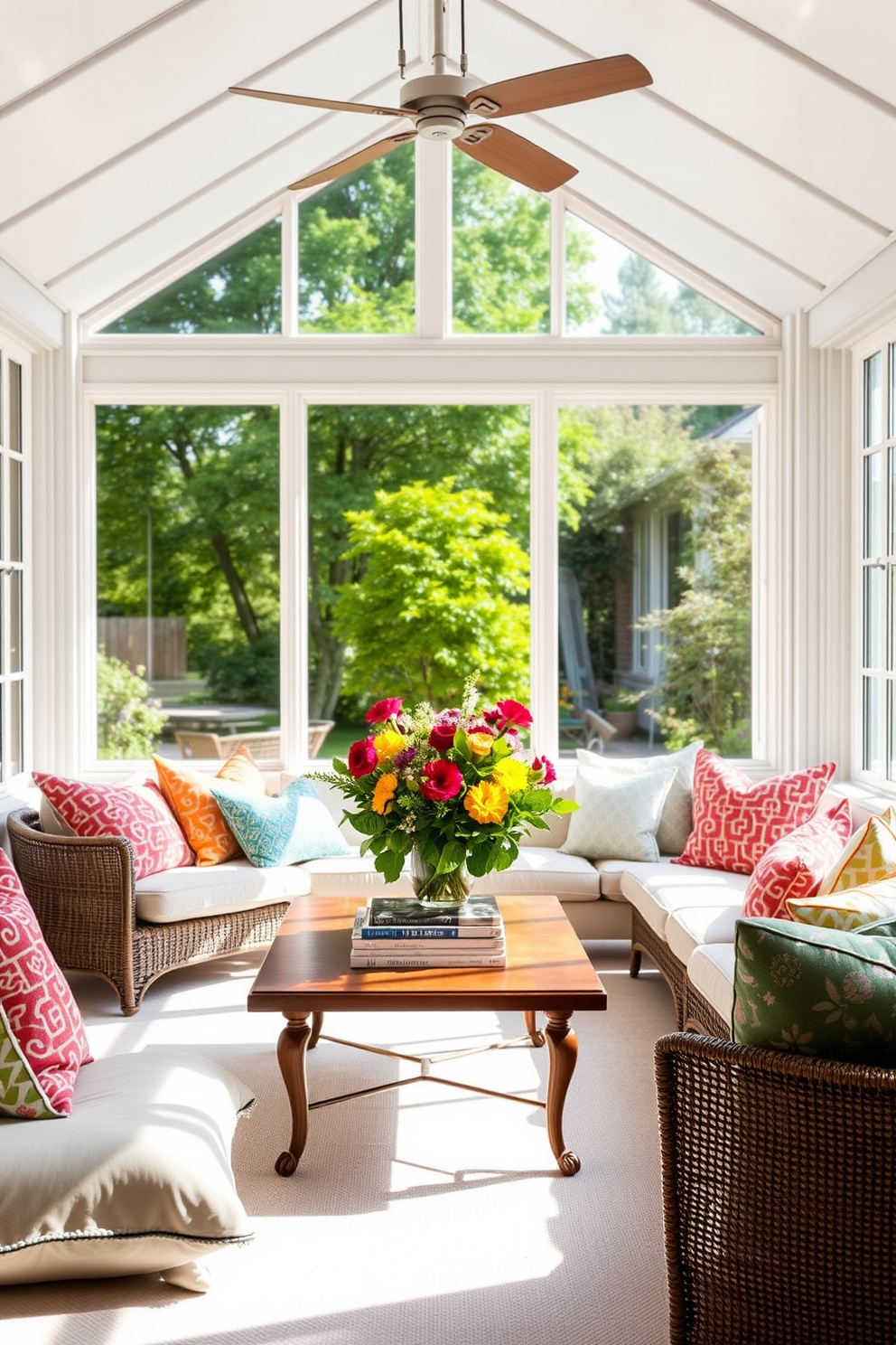 A bright and inviting sunroom filled with natural light. The space features a comfortable seating area adorned with colorful throw pillows in various patterns and hues. Large windows frame the room, allowing a view of the lush garden outside. A wooden coffee table sits in the center, topped with a stack of books and a vibrant floral arrangement.