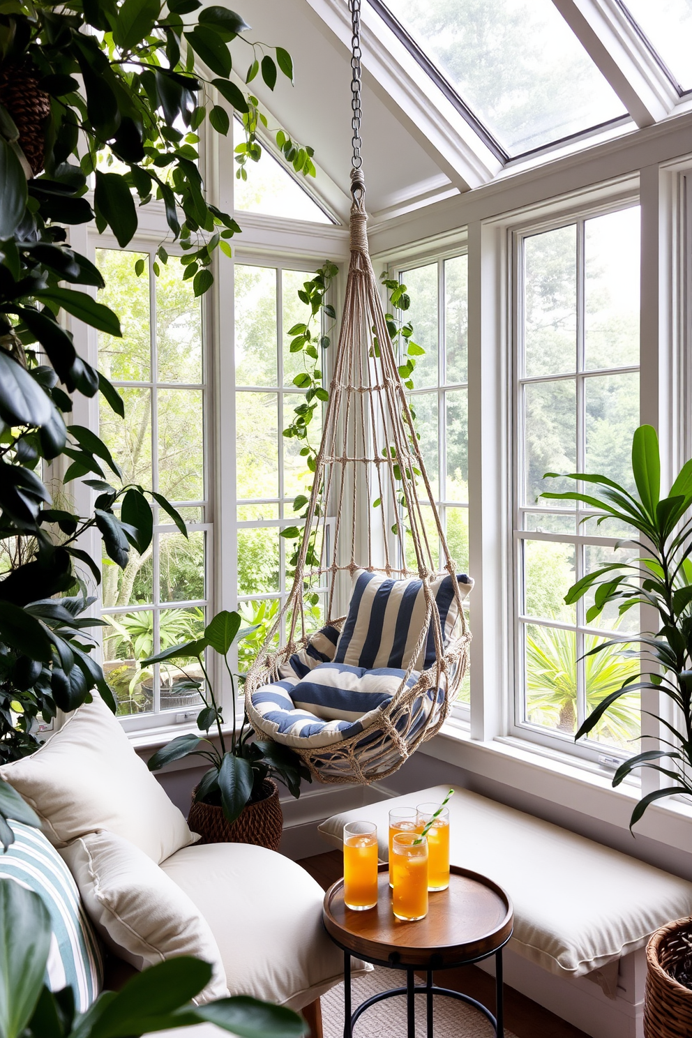 A cozy sunroom featuring a hammock chair suspended from the ceiling, surrounded by lush greenery and natural light pouring in through large windows. The space is adorned with soft cushions and a small side table holding refreshing beverages, creating an inviting atmosphere for relaxation on Labor Day.