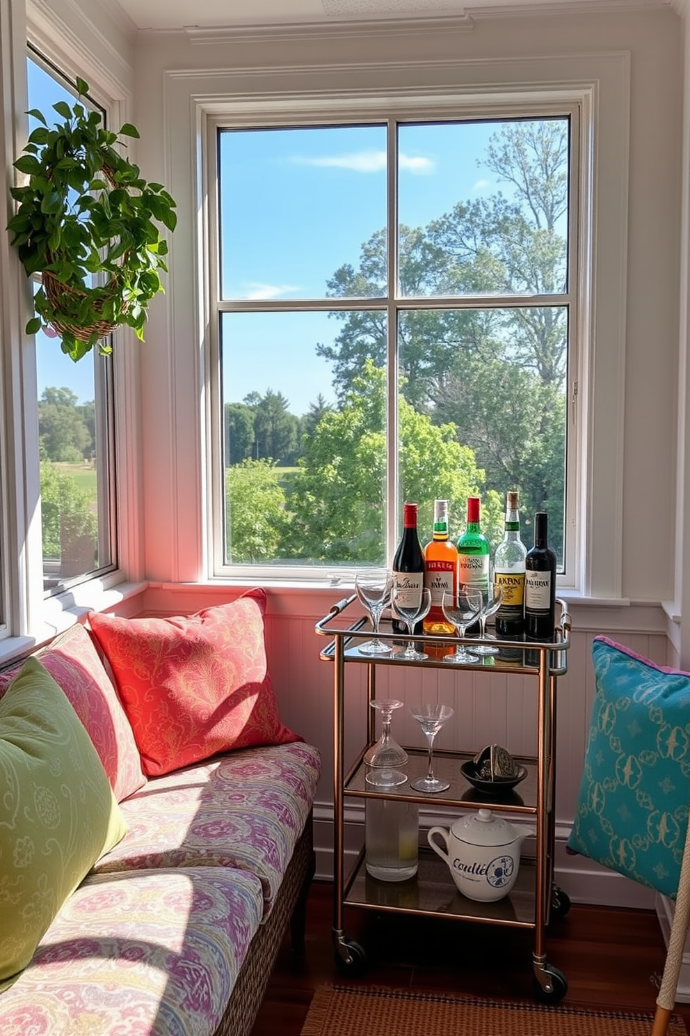 A cozy sunroom featuring a small bar cart setup in the corner. The bar cart is adorned with elegant glassware and a selection of colorful spirits, while a plush seating area invites relaxation with vibrant cushions and a light, airy atmosphere.