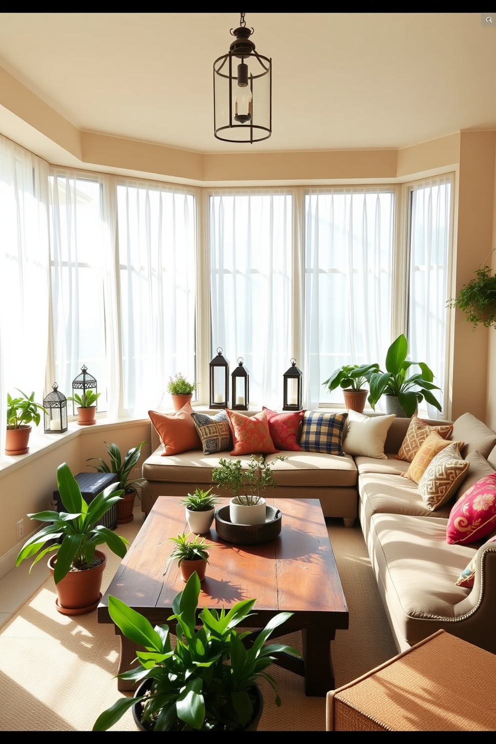 A bright and inviting sunroom filled with natural light. The space features large windows with sheer white curtains, allowing sunlight to filter in softly. A comfortable seating area includes a plush sectional sofa adorned with colorful throw pillows. A rustic coffee table sits in the center, surrounded by potted plants that bring life to the room. Decorative lanterns are placed on the window sills and hanging from the ceiling to create a warm ambiance. The walls are painted in a soft beige, complementing the earthy tones of the furniture and decor.