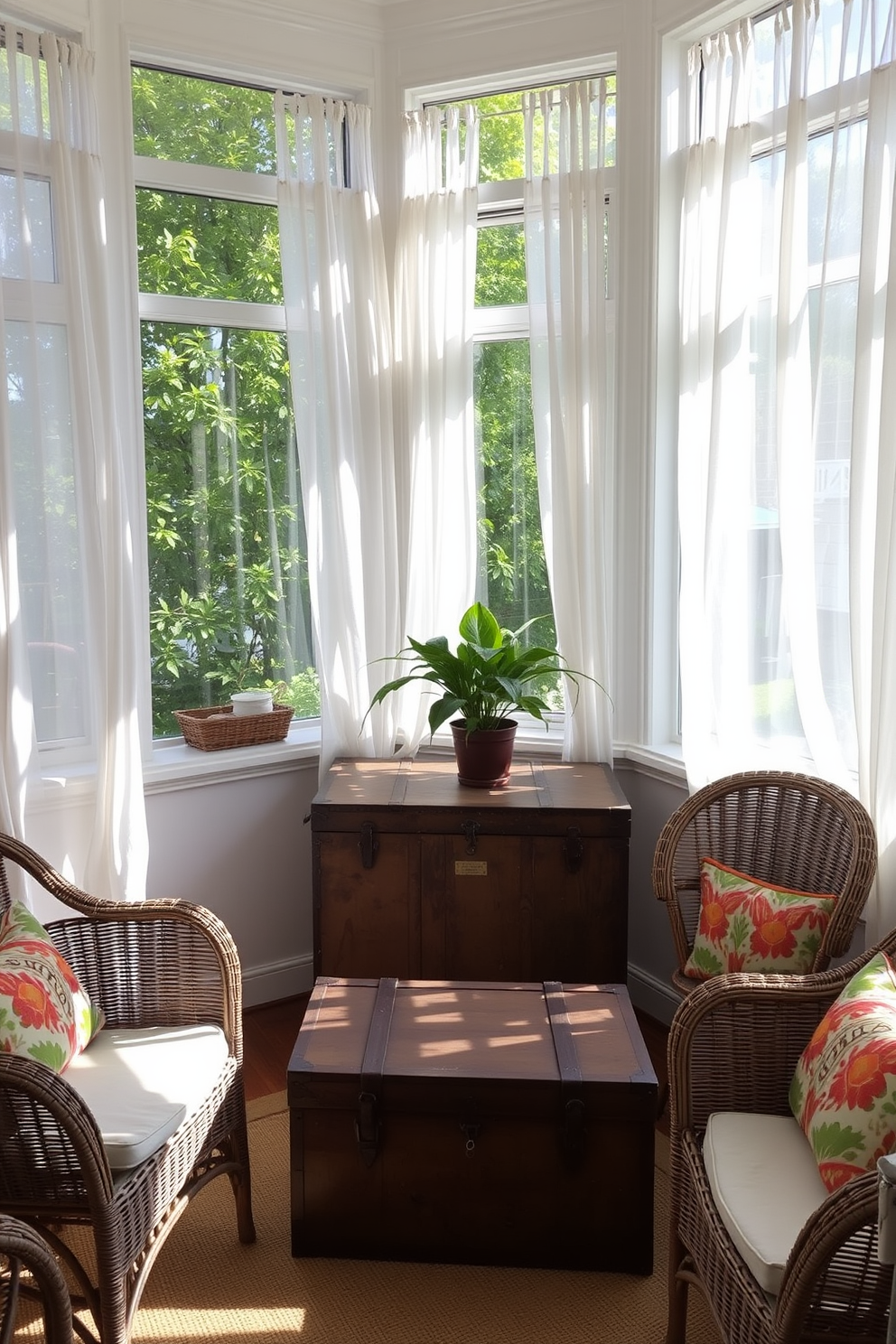 A cozy sunroom filled with natural light. There are large windows adorned with sheer white curtains, allowing sunlight to filter in softly. In the corner, a vintage trunk serves as both a storage solution and a decorative piece. Surrounding the trunk are comfortable wicker chairs with colorful cushions, creating an inviting atmosphere for relaxation.