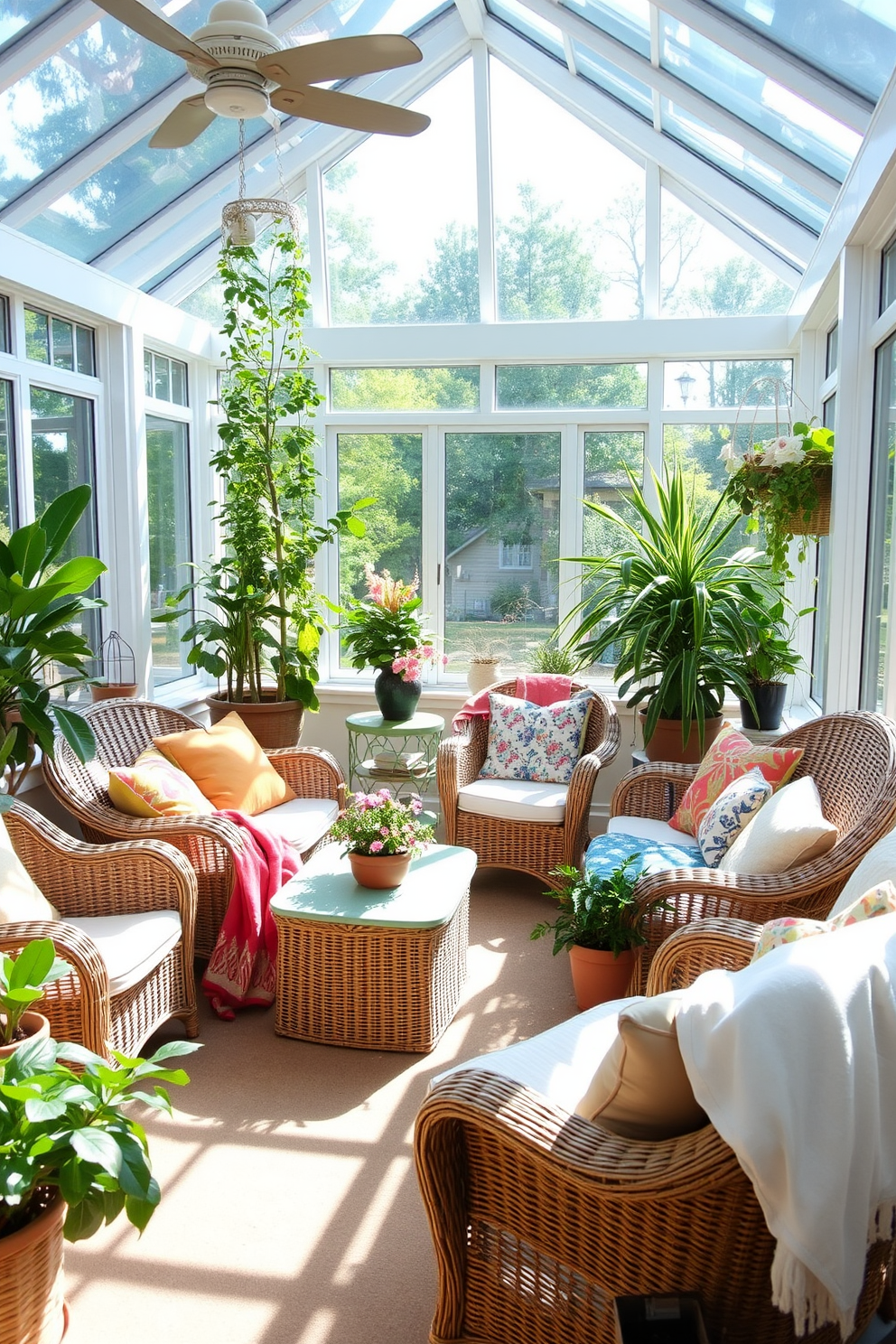 A sunroom filled with wicker furniture creates a warm and inviting atmosphere. The space is adorned with colorful cushions and throws, enhancing the natural vibe of the room. Large windows allow plenty of sunlight to flood in, illuminating the room with a cheerful glow. Potted plants in various sizes are strategically placed around the sunroom, bringing the outdoors in and adding to the serene environment.