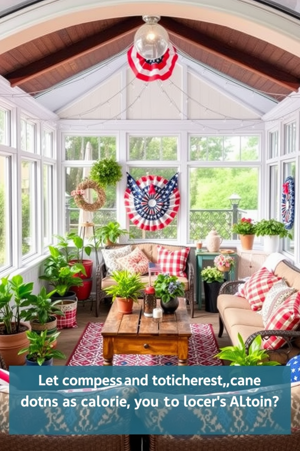 A cozy sunroom filled with natural light. The space features comfortable seating with colorful cushions and a rustic wooden coffee table surrounded by potted plants. Hang string lights across the ceiling to create an inviting atmosphere. Incorporate seasonal decorations with a Labor Day theme, including red, white, and blue accents.