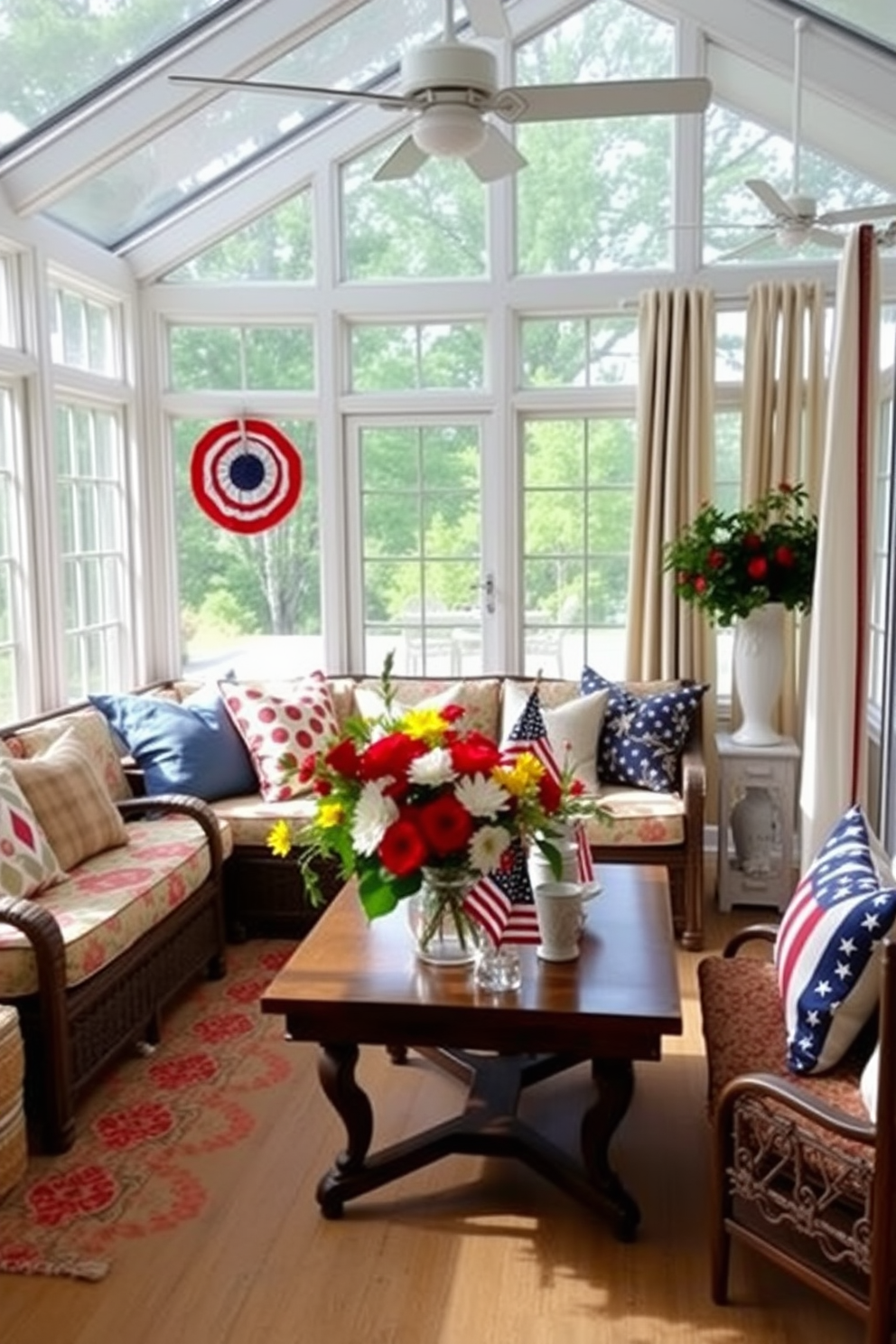 A bright and inviting sunroom filled with natural light. The space features a comfortable seating area with a mix of colorful throw pillows and a light, airy fabric for the curtains. For Labor Day, incorporate red, white, and blue accents throughout the room. Display a festive table arrangement with seasonal flowers and decorative elements that celebrate the holiday spirit.