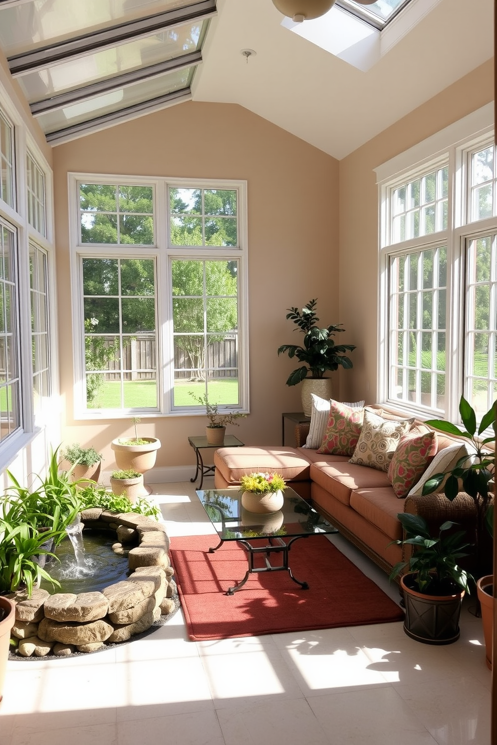 A bright and airy sunroom filled with natural light. There is a cozy seating area with a plush sectional sofa adorned with colorful throw pillows, and a glass coffee table sits in the center. In one corner, a small water feature gently trickles, surrounded by lush greenery and potted plants. The walls are painted a soft beige, and large windows offer a view of the outdoors, creating a serene retreat for relaxation.