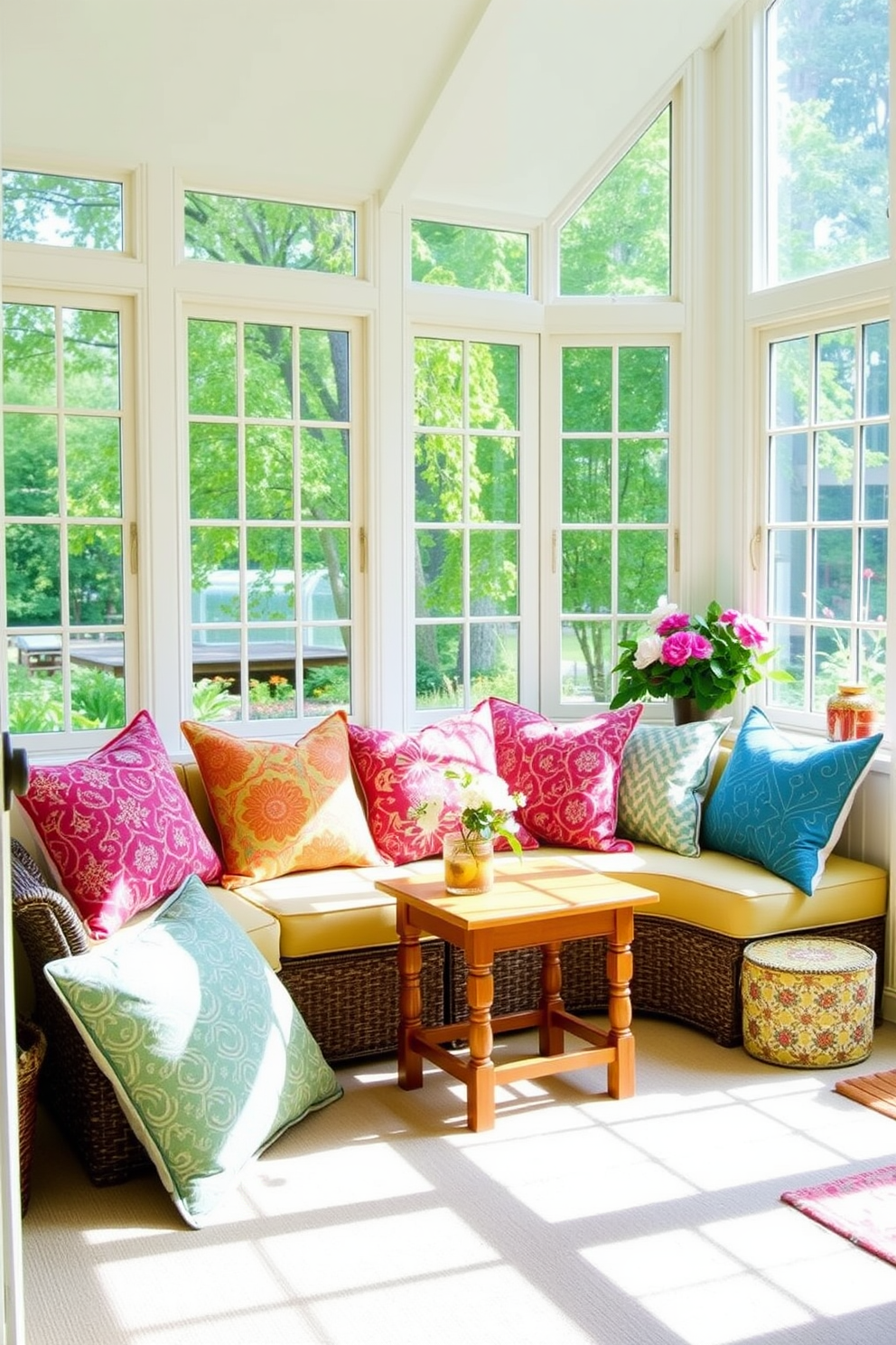 A bright sunroom featuring large windows that allow natural light to flood the space. The room is adorned with patterned cushions in vibrant colors arranged on a comfortable sofa, creating a cozy and inviting atmosphere. In one corner, a small wooden table holds a vase filled with fresh flowers. The walls are painted in a soft pastel hue, complementing the lively patterns of the cushions and enhancing the cheerful ambiance.