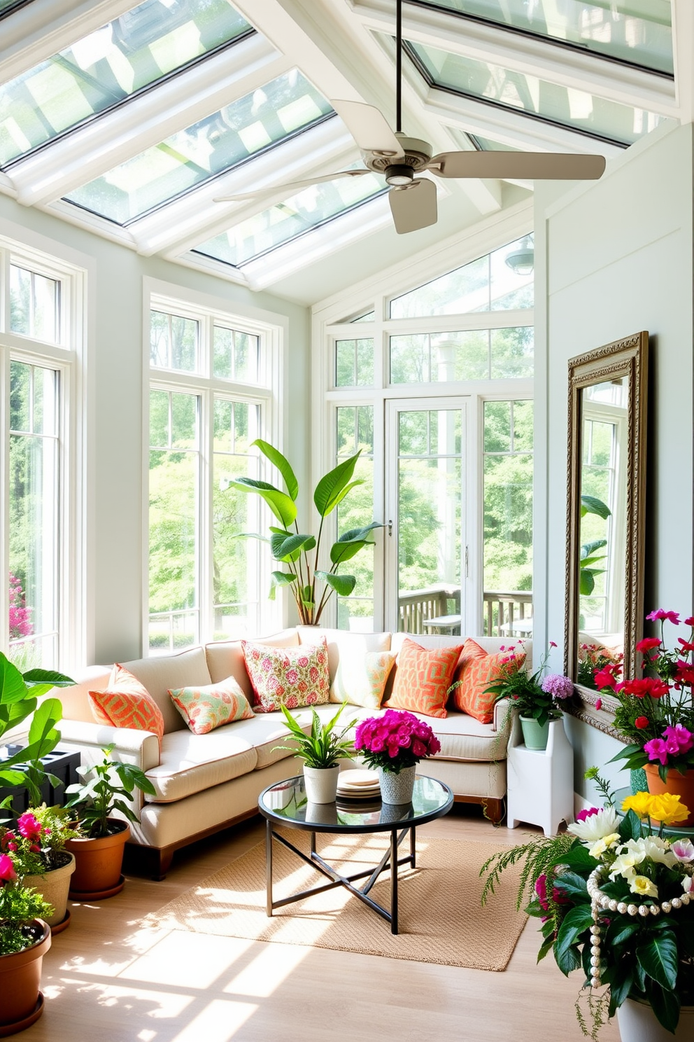 A bright and airy sunroom adorned with large windows that let in ample natural light. The space features a comfortable seating area with a plush sectional sofa, accented by colorful throw pillows and a stylish coffee table. In one corner, a large mirror is mounted on the wall to reflect light and enhance the sense of openness. Potted plants and vibrant flowers are strategically placed throughout the room, creating a refreshing and inviting atmosphere.