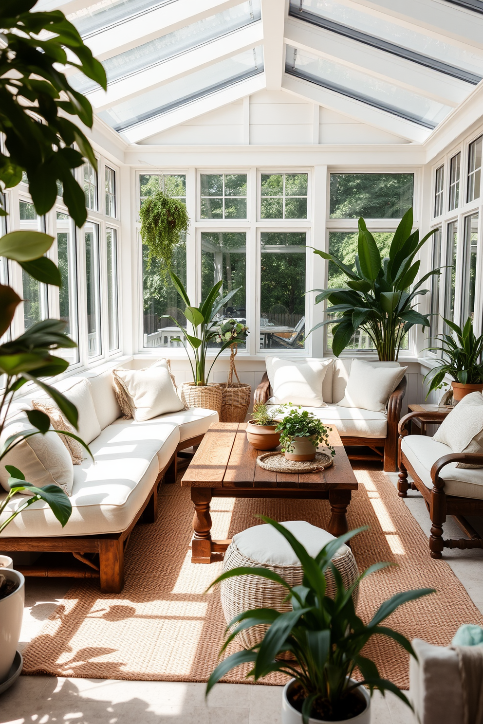 A bright and airy sunroom filled with natural light. Large windows line the walls, allowing the sun to pour in and illuminate the space. Comfortable seating is arranged around a rustic wooden coffee table, creating an inviting atmosphere. Lush indoor plants are strategically placed throughout the room, adding a touch of freshness and vibrancy. Soft, neutral-colored cushions adorn the seating, enhancing comfort and style. A woven rug anchors the space, providing warmth and texture underfoot.