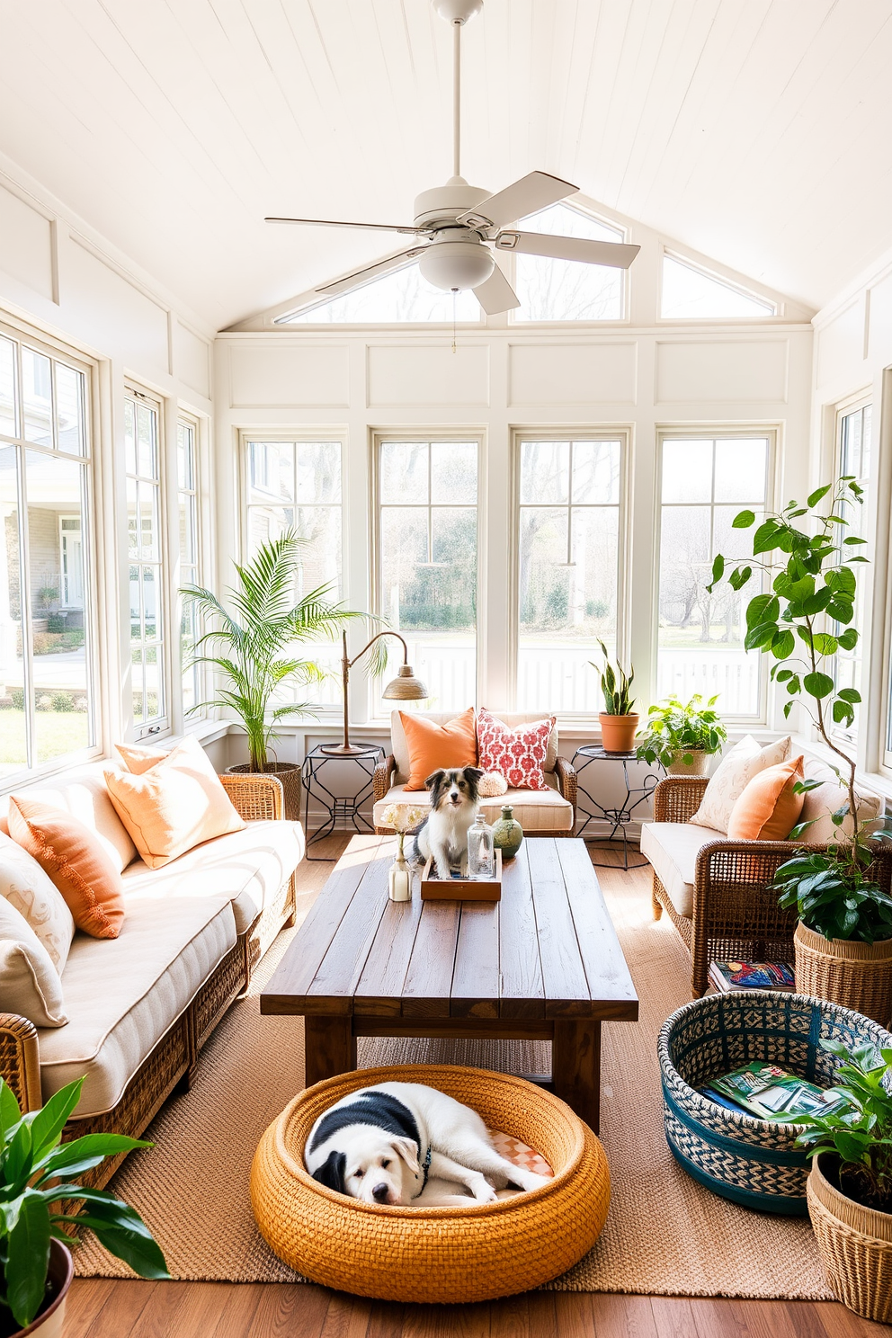 A bright and inviting sunroom designed for relaxation and pet-friendly enjoyment. Large windows allow natural light to flood the space, while comfortable seating is arranged around a central coffee table made of reclaimed wood. The decor features soft, washable textiles in warm tones, perfect for cozying up with pets. Potted plants and a stylish pet bed add a touch of nature and comfort, creating a harmonious atmosphere for both humans and their furry friends.