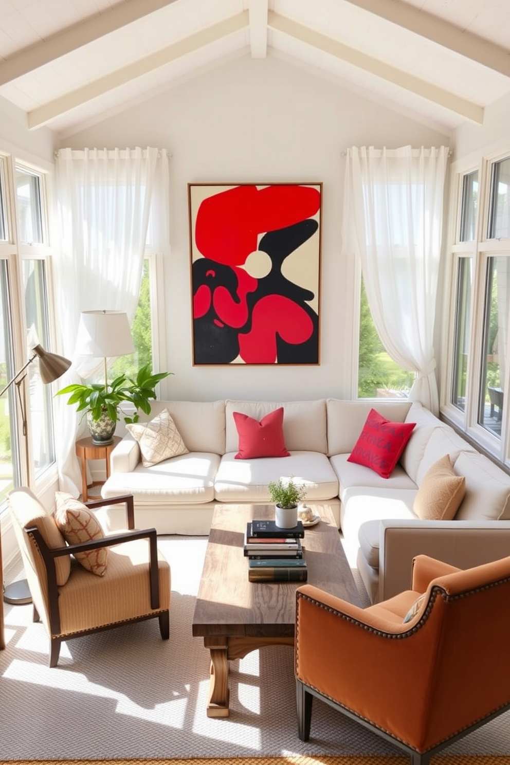 A bright and airy sunroom filled with natural light. The space features large windows adorned with sheer white curtains, allowing sunlight to stream in and illuminate the room. In the center, a comfortable seating area is arranged with a plush sectional sofa and vibrant throw pillows. A large piece of bold artwork hangs on the main wall, drawing attention and adding a pop of color to the serene space. A rustic wooden coffee table sits in front of the sofa, topped with a few decorative books and a small potted plant. To one side, a cozy reading nook is created with a stylish armchair and a floor lamp, inviting relaxation and leisure.