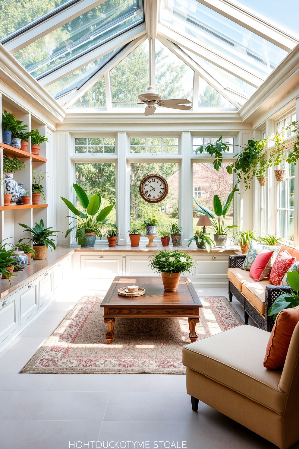 A bright sunroom filled with natural light. The walls are adorned with built-in shelving that showcases an array of plants and decorative items. Comfortable seating is arranged with colorful cushions and a large coffee table at the center. The floor is covered with a soft area rug that complements the overall color scheme.