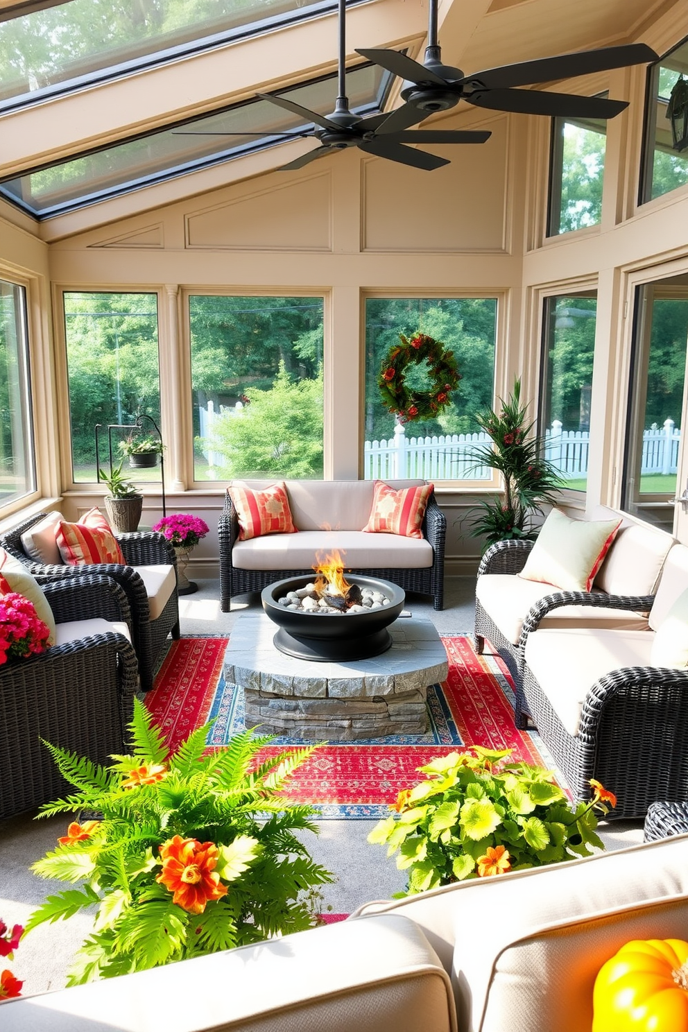 A cozy sunroom designed for Labor Day gatherings features a stylish fire pit at the center, surrounded by comfortable seating options. Large windows allow natural light to flood the space, while vibrant plants and seasonal decorations create a welcoming atmosphere.