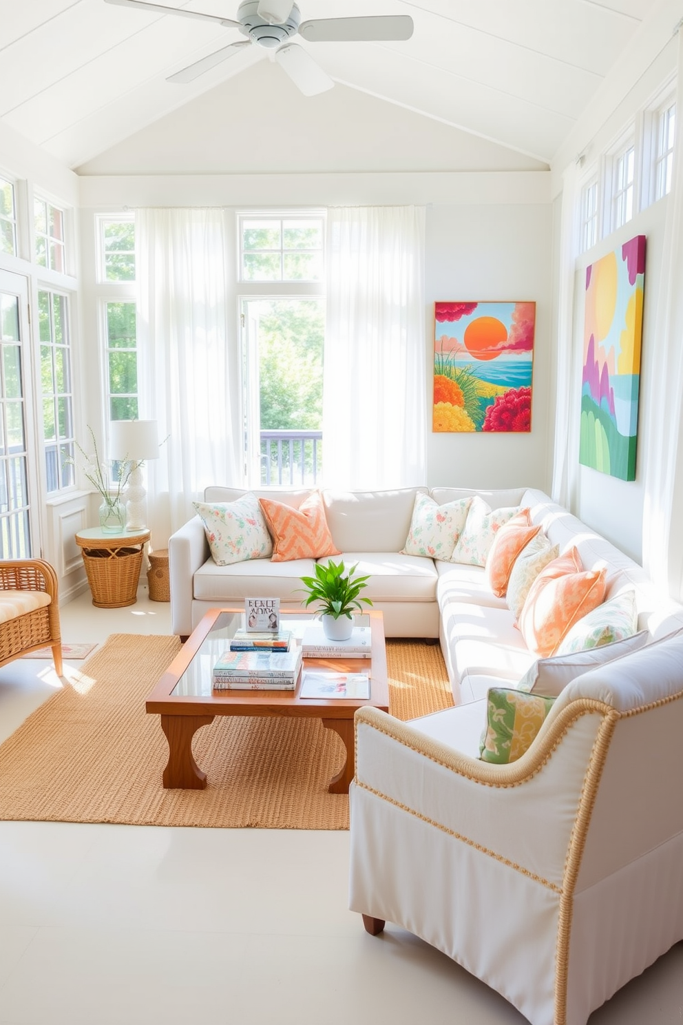 A bright and airy sunroom filled with natural light. The space features large windows with sheer white curtains, allowing soft sunlight to filter in. In the center of the room, a comfortable sectional sofa is adorned with colorful throw pillows. A jute rug lies underneath, adding a coastal feel to the decor. A wooden coffee table sits in front of the sofa, topped with a stack of design books and a small potted plant. On one side, a wicker chair invites relaxation, while a vibrant painting hangs on the wall, enhancing the cheerful atmosphere.