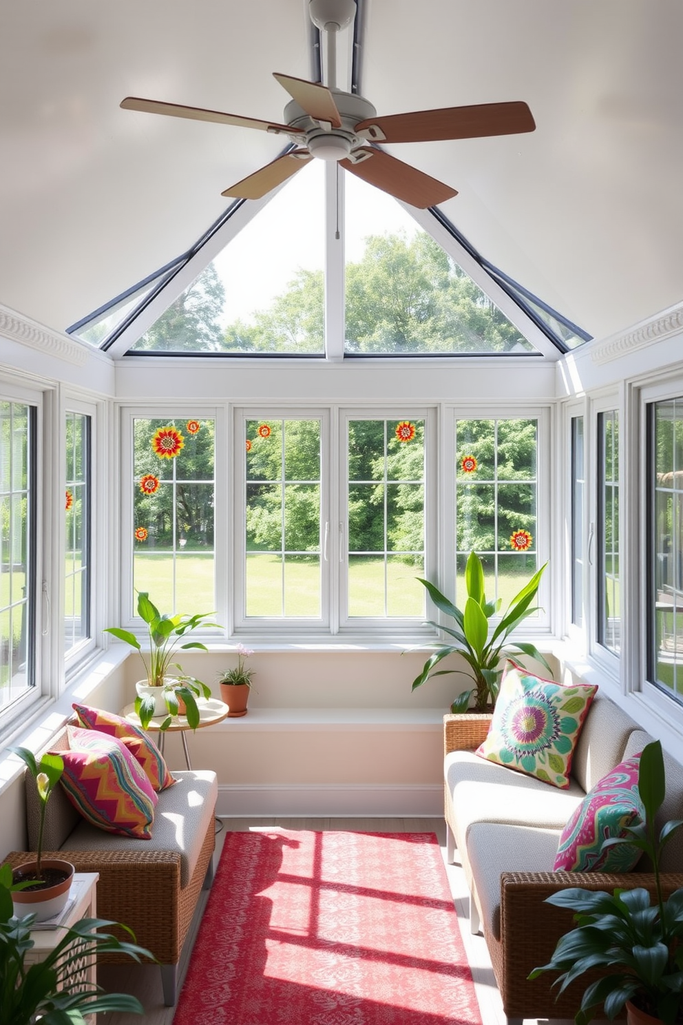 A sunroom filled with natural light featuring vibrant wall decals that add personality to the space. The room is adorned with comfortable seating, colorful cushions, and potted plants that enhance the cheerful atmosphere.