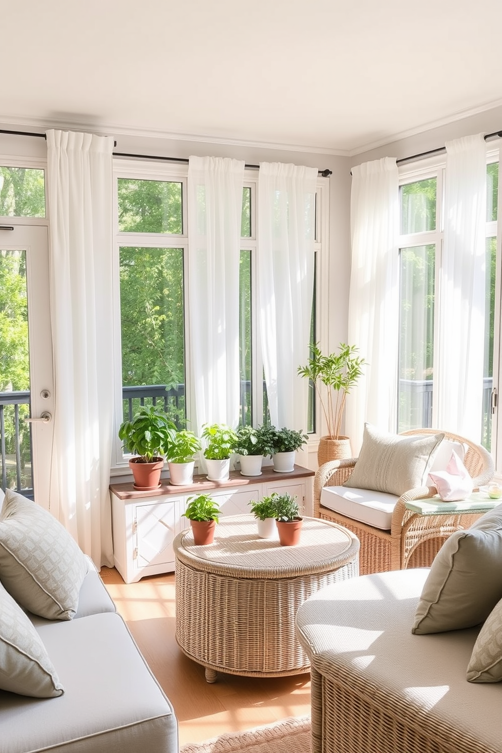 A bright and airy sunroom filled with natural light. The space features large windows adorned with sheer white curtains, allowing sunlight to filter through. In one corner, there is a small indoor herb garden with pots of basil, mint, and rosemary on a rustic wooden shelf. Comfortable seating is arranged around a light-colored wicker coffee table, creating an inviting atmosphere for relaxation.