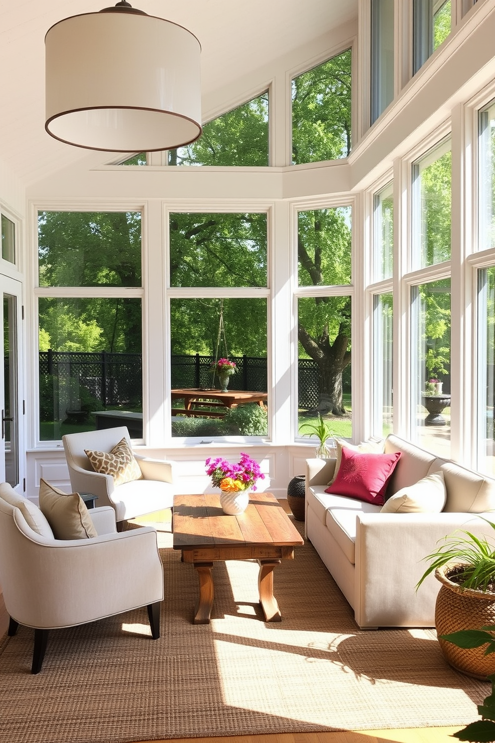 A bright and airy sunroom filled with natural light. The space features a large statement light fixture hanging from the ceiling, illuminating a cozy seating area with plush chairs and a rustic wooden coffee table. The walls are adorned with large windows that open to a lush garden outside. Decor elements include vibrant throw pillows and a woven rug that adds warmth to the room.