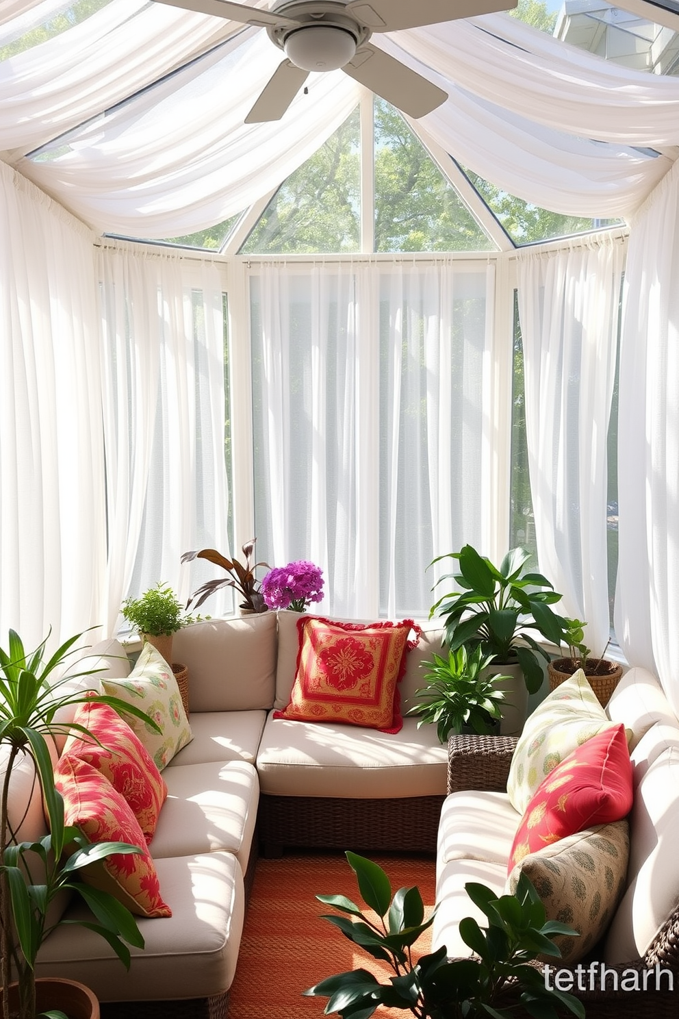 A bright and airy sunroom filled with natural light. The space features sheer white curtains that gently diffuse the sunlight, creating a warm and inviting atmosphere. The room is adorned with comfortable seating, including a plush sectional and colorful throw pillows. Potted plants are strategically placed around the room, adding a touch of greenery and vibrancy to the decor.