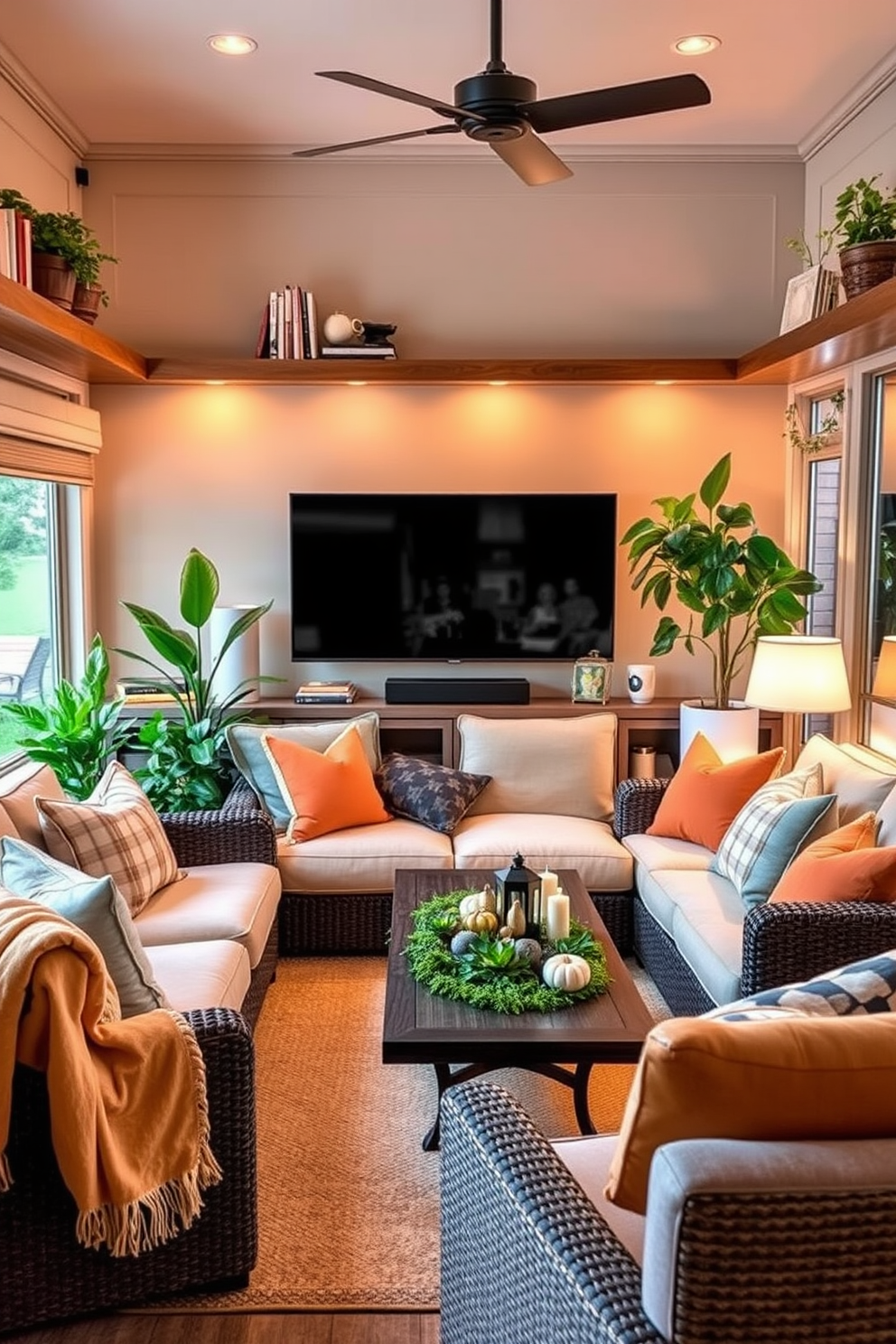 Create a cozy movie corner with plush seating and soft blankets draped over the armrests. A large screen is mounted on the wall, surrounded by warm ambient lighting and shelves filled with books and decorative items. Labor Day sunroom decorating ideas include bright throw pillows and a mix of indoor plants to bring life to the space. A comfortable seating arrangement encourages relaxation, complemented by a coffee table adorned with seasonal decorations.