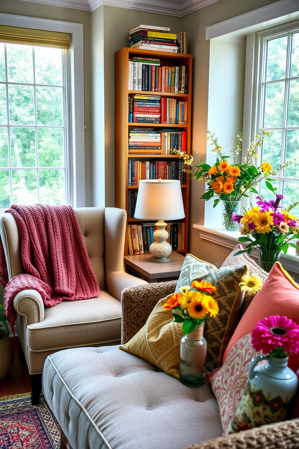 A cozy reading nook corner features a plush armchair upholstered in soft fabric, positioned next to a tall bookshelf filled with an array of books. A warm, knitted throw is draped over the armchair, and a small side table holds a steaming cup of tea and a decorative lamp that casts a gentle glow. The Labor Day sunroom is adorned with vibrant, seasonal decor that captures the essence of summer. Brightly colored cushions are scattered across a comfortable sofa, and fresh flowers in cheerful vases add a touch of nature, creating an inviting atmosphere perfect for relaxation and gatherings.