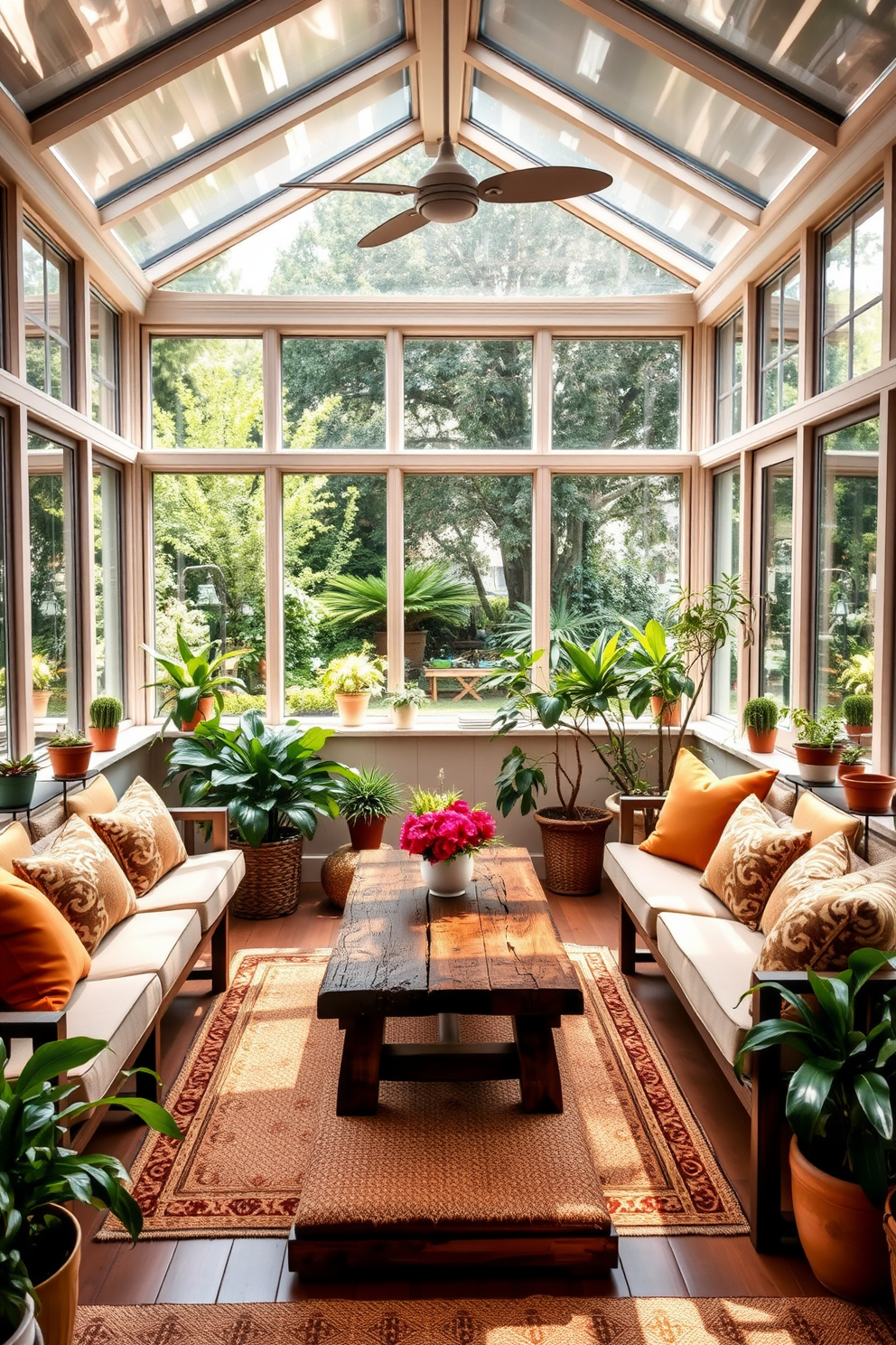 A cozy sunroom filled with natural light. In the center, a rustic wooden coffee table is surrounded by comfortable seating, adorned with soft cushions in warm tones. The walls are lined with large windows, showcasing a view of the lush garden outside. Potted plants are strategically placed around the room, adding a touch of greenery and a refreshing atmosphere.