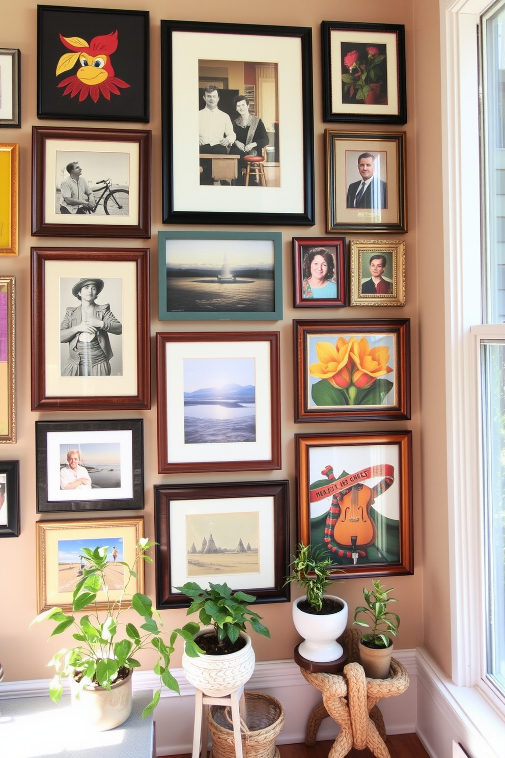 Create a gallery wall featuring a mix of framed artwork and photographs in various sizes. The wall should showcase vibrant colors and different textures to create visual interest while maintaining a cohesive theme. Incorporate decorative elements such as shelves or small plants to enhance the artistic display. The sunroom should be filled with natural light, highlighting the artwork and creating a warm, inviting atmosphere.