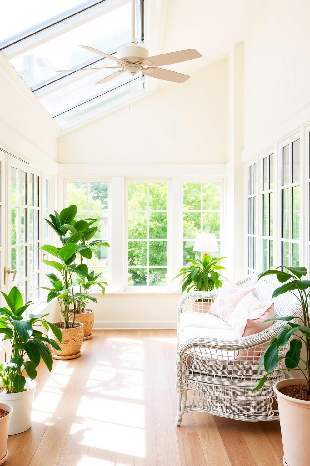 A bright and airy sunroom filled with natural light. The walls are painted in a soft cream color, while the flooring features light oak wood. Cozy seating arrangements include a white wicker sofa adorned with pastel-colored cushions. Large potted plants are placed in the corners, adding a touch of greenery to the space.