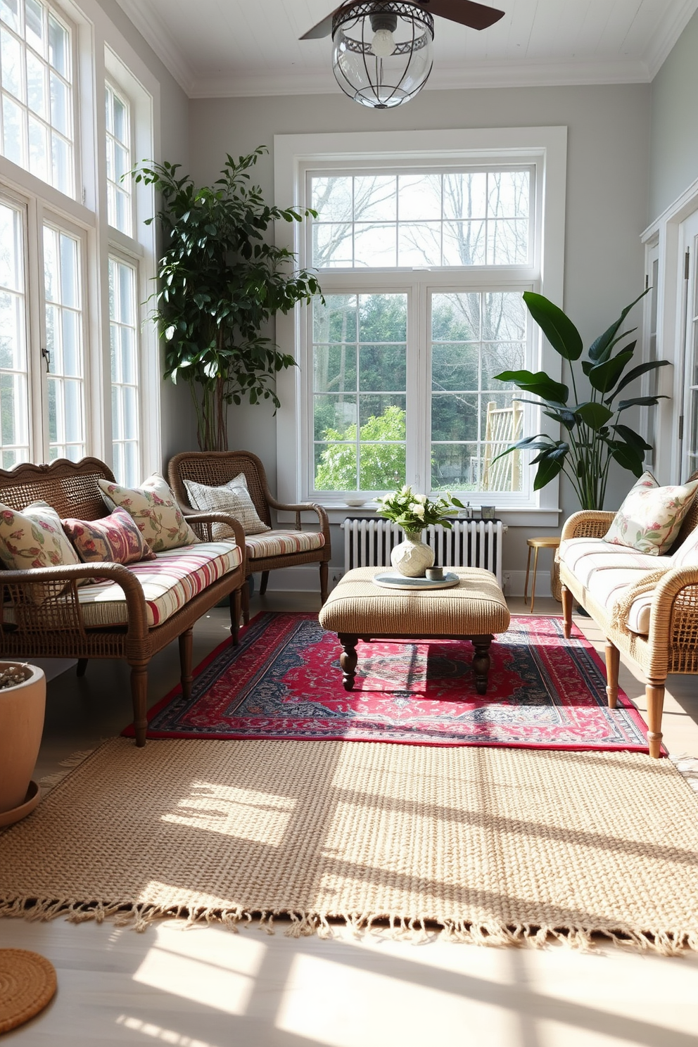 A sunroom filled with natural light featuring layered rugs in various textures and patterns. The base layer is a large neutral jute rug, topped with a colorful Persian rug that adds warmth and vibrancy to the space.