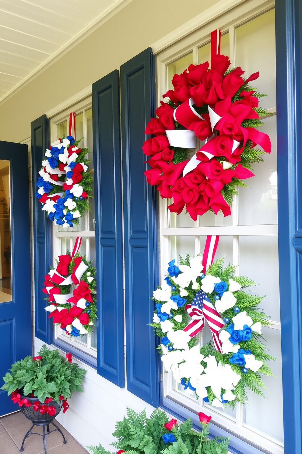 A charming display of patriotic wreaths adorns the window frames, showcasing vibrant red white and blue colors. These festive decorations create a welcoming atmosphere perfect for celebrating Labor Day. The wreaths are crafted from fresh flowers and greenery, adding a touch of natural beauty to the windows. Each wreath is uniquely designed to highlight the spirit of the holiday while complementing the surrounding decor.