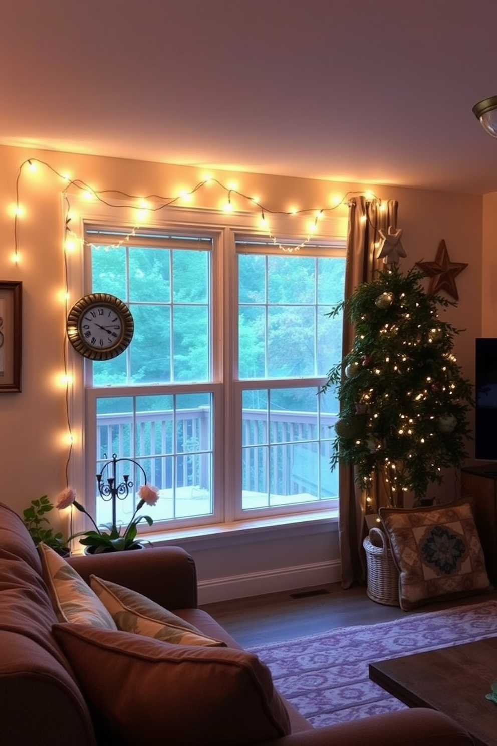 Create a cozy living space adorned with festive string lights gracefully draped around the edges of the windows. The warm glow of the lights enhances the cheerful atmosphere, perfect for celebrating Labor Day with friends and family.