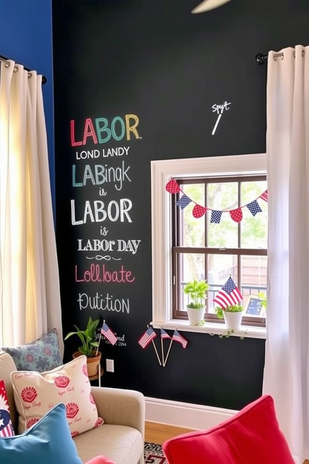 A vibrant living room featuring a wall painted with chalkboard paint showcasing colorful Labor Day messages. The space is adorned with festive decorations, including red, white, and blue accents that celebrate the holiday spirit. A cozy window display decorated with Labor Day themes, featuring small potted plants and flags. Soft, sheer curtains frame the window, allowing natural light to illuminate the cheerful decorations.