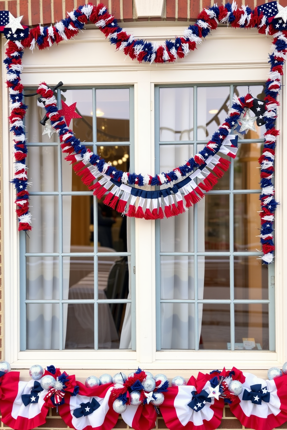 A festive window display featuring patriotic garlands elegantly strung across the window frames. The garlands are adorned with red white and blue colors creating a vibrant festive atmosphere for Labor Day celebrations.