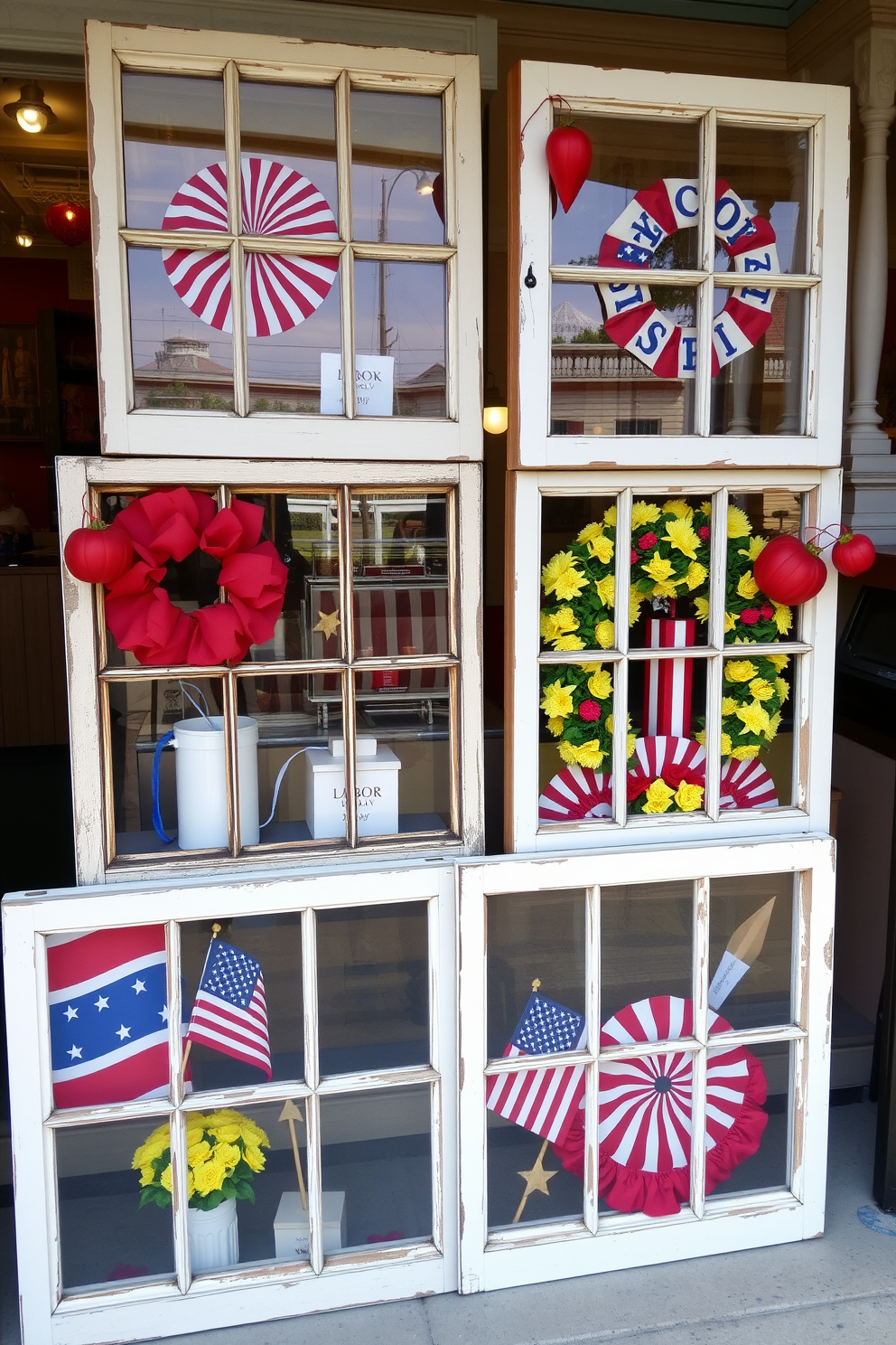 A charming display featuring old windows repurposed as decorative frames. Each frame showcases seasonal decorations that celebrate the spirit of Labor Day, with vibrant colors and festive motifs.