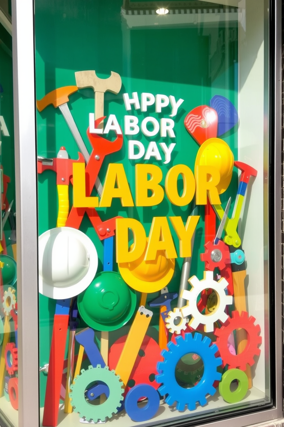 A vibrant window display showcasing various labor symbols including tools, hard hats, and gears. The design celebrates the spirit of Labor Day with bold colors and creative arrangements that draw attention and inspire appreciation for workers.