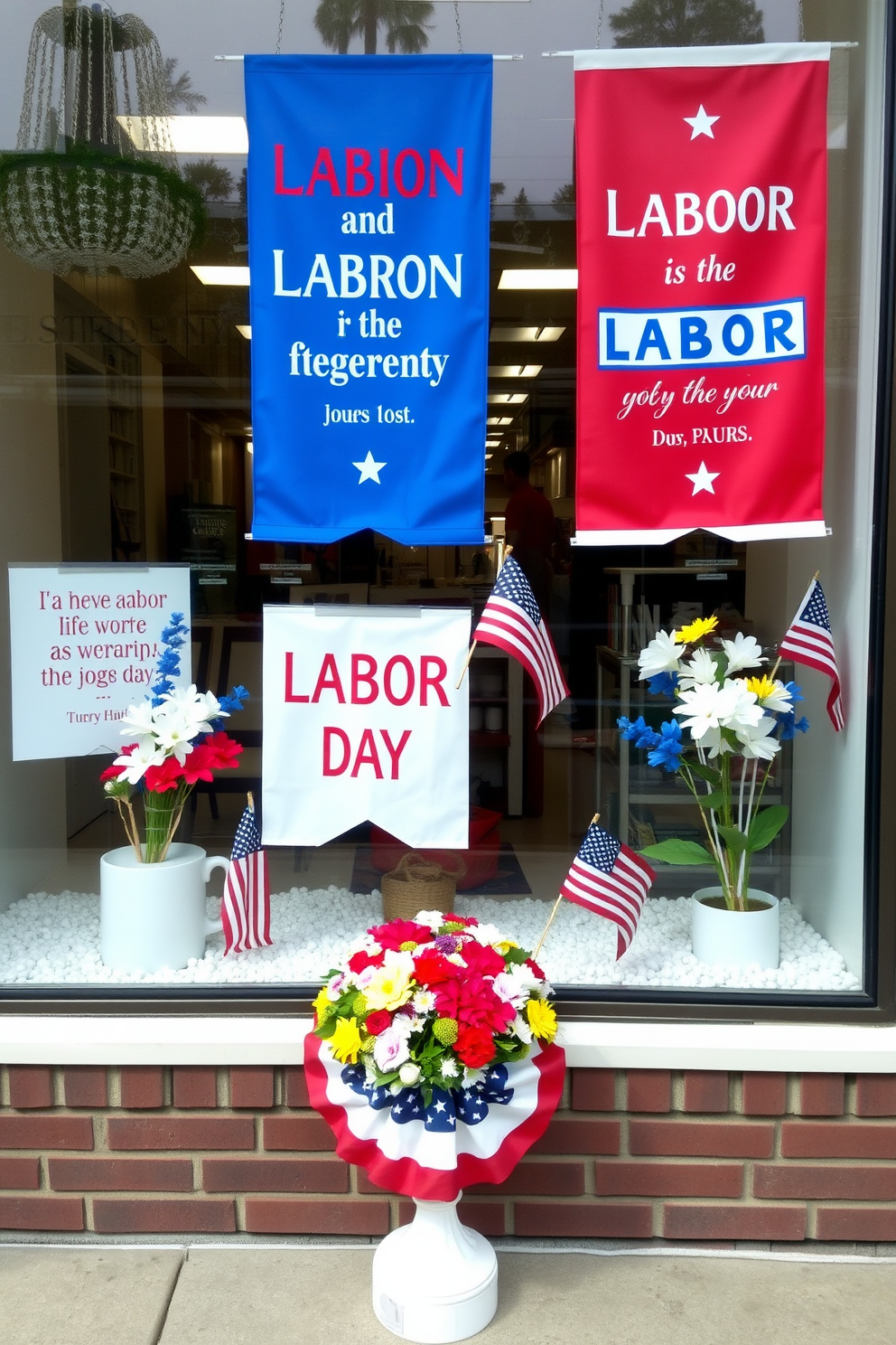 Create a vibrant and festive window display for Labor Day featuring colorful banners with inspirational Labor Day quotes. The banners should be made of durable fabric, showcasing a mix of red, white, and blue colors to reflect the holiday spirit. Incorporate decorative elements such as miniature American flags and fresh flowers in patriotic colors. The overall design should evoke a sense of celebration and appreciation for the contributions of workers, making it inviting for passersby.